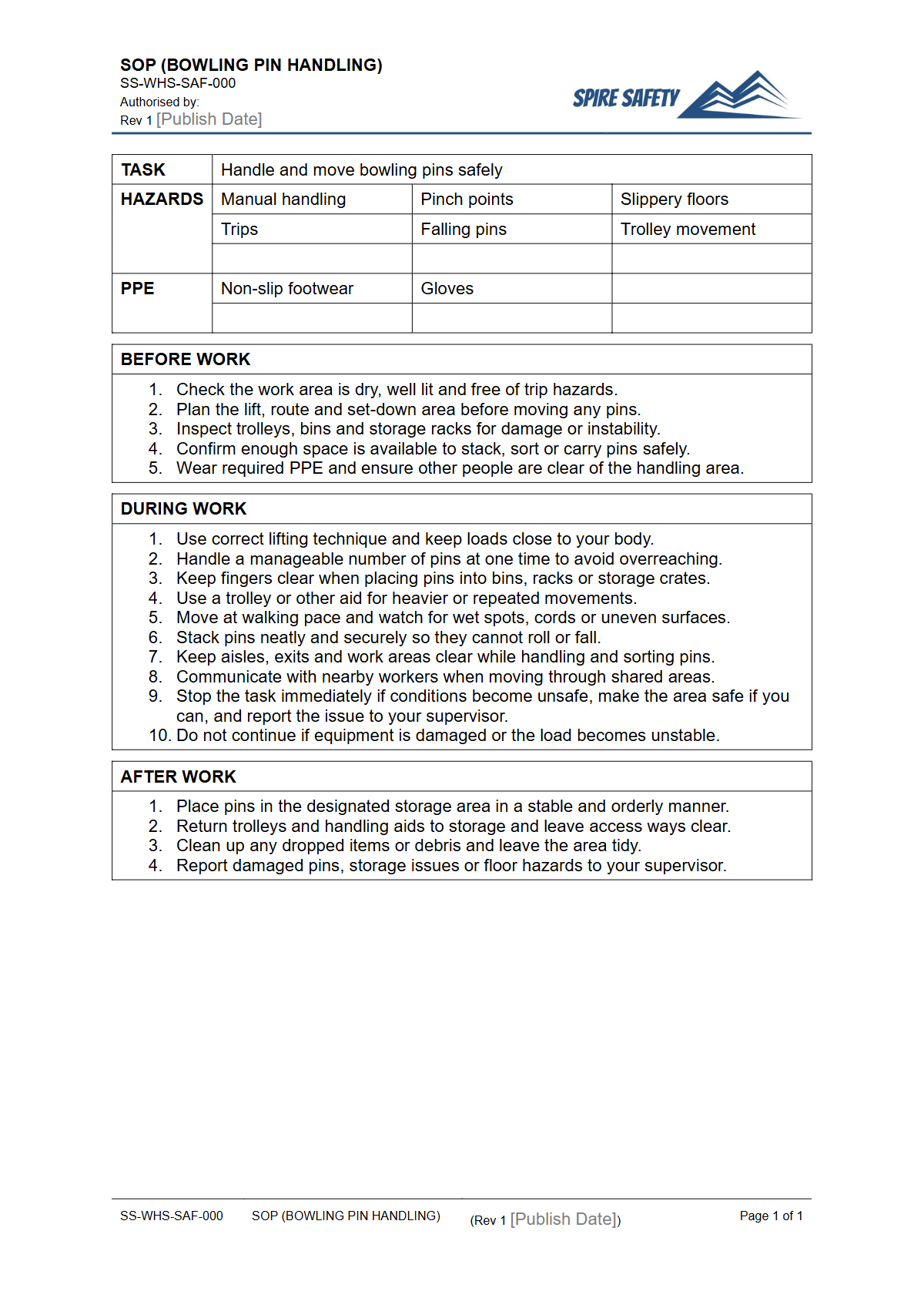 Free Safe Operating Procedure (Bowling Pin Handling) Template — document preview