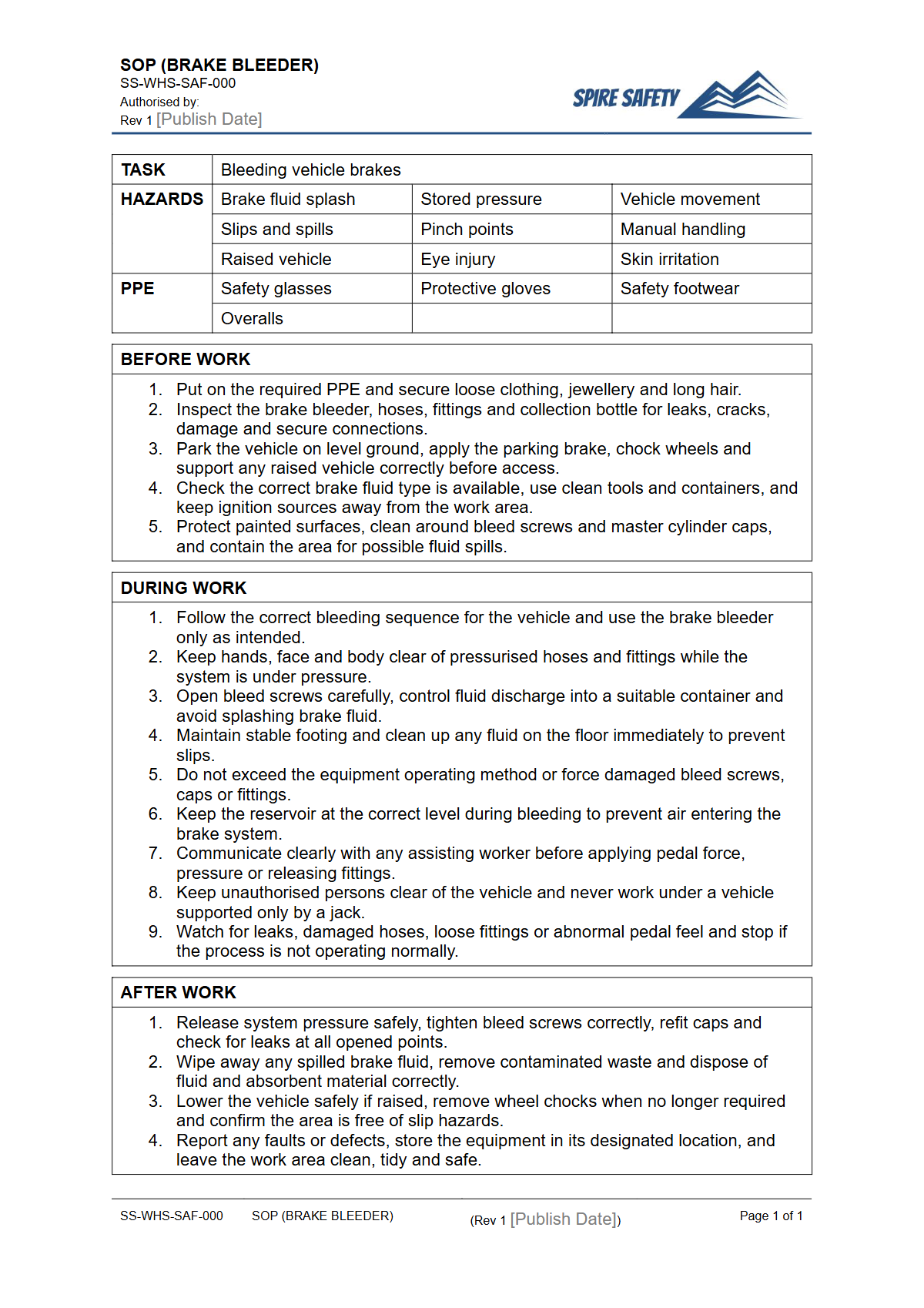 Free Safe Operating Procedure (Brake Bleeder) Template — document preview