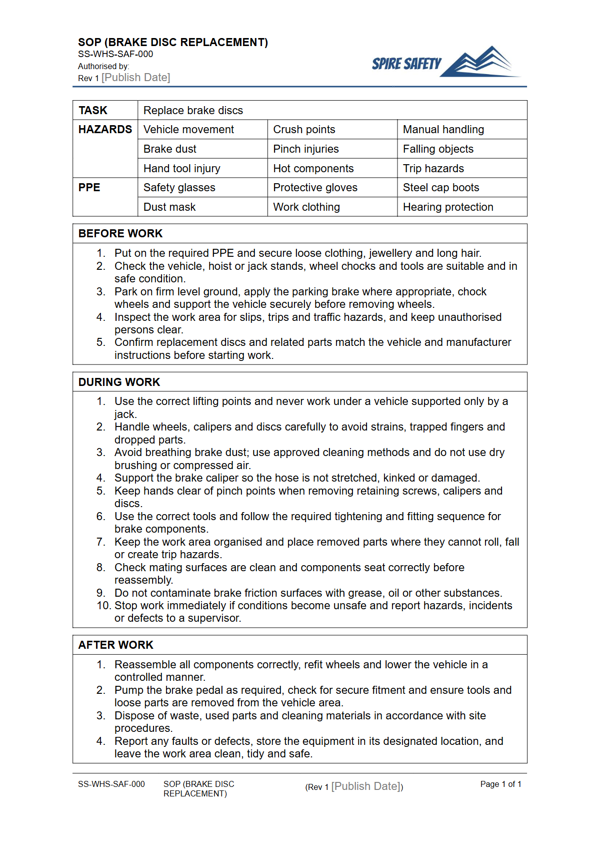 Free Safe Operating Procedure (Brake Disc Replacement) Template — document preview