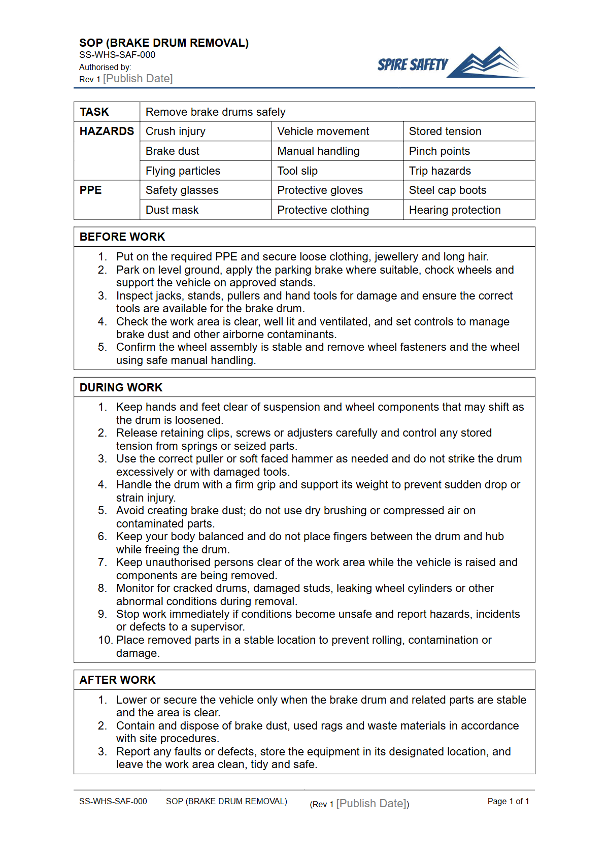 Free Safe Operating Procedure (Brake Drum Removal) Template — document preview
