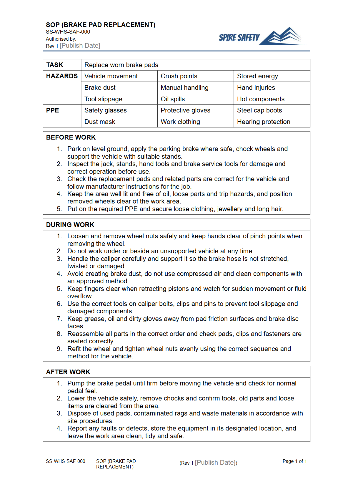 Free Safe Operating Procedure (Brake Pad Replacement) Template — document preview