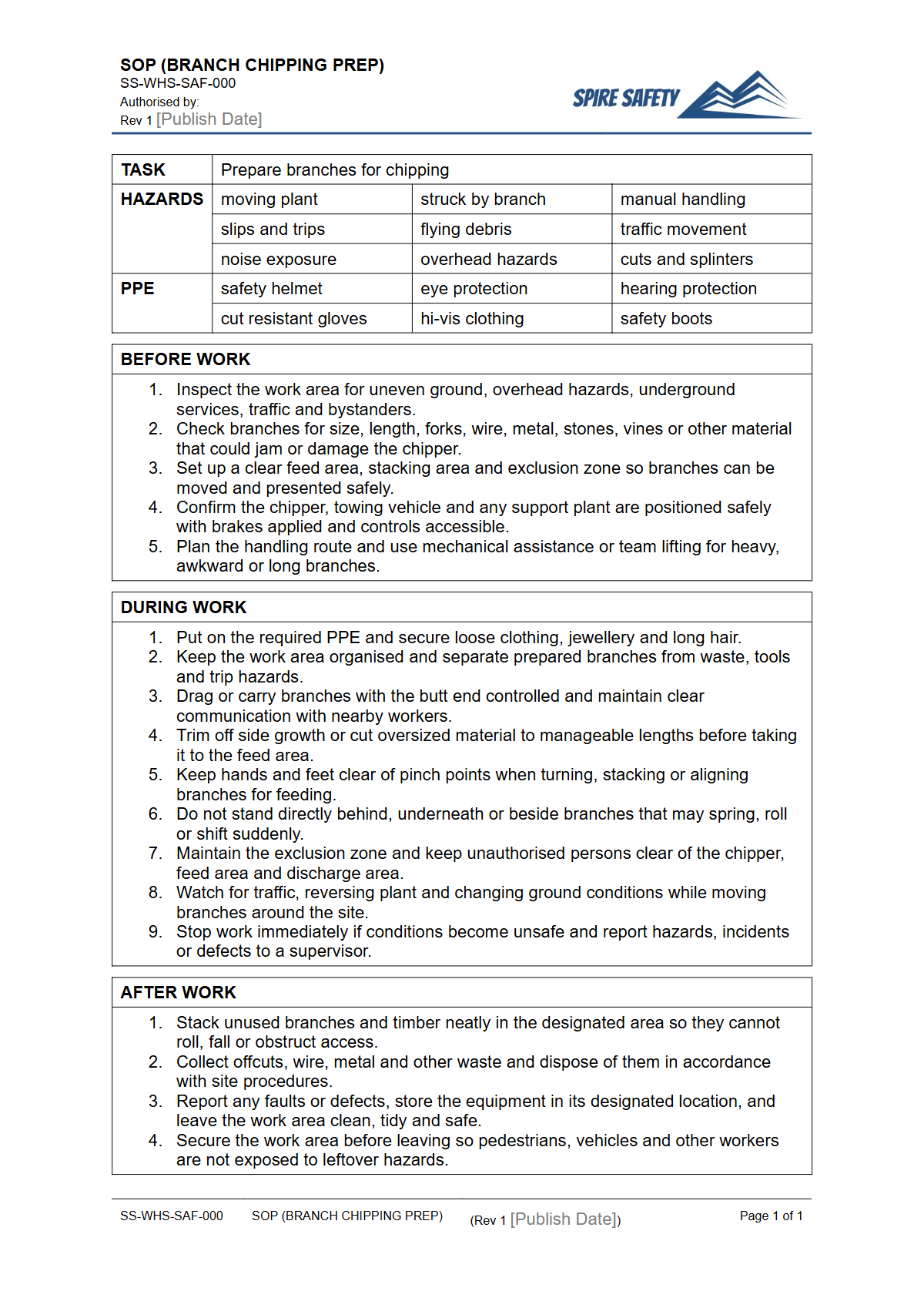 Free Safe Operating Procedure (Branch Chipping Prep) Template — document preview