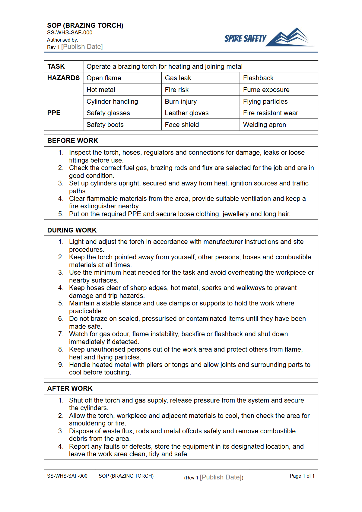 Free Safe Operating Procedure (Brazing Torch) Template — document preview