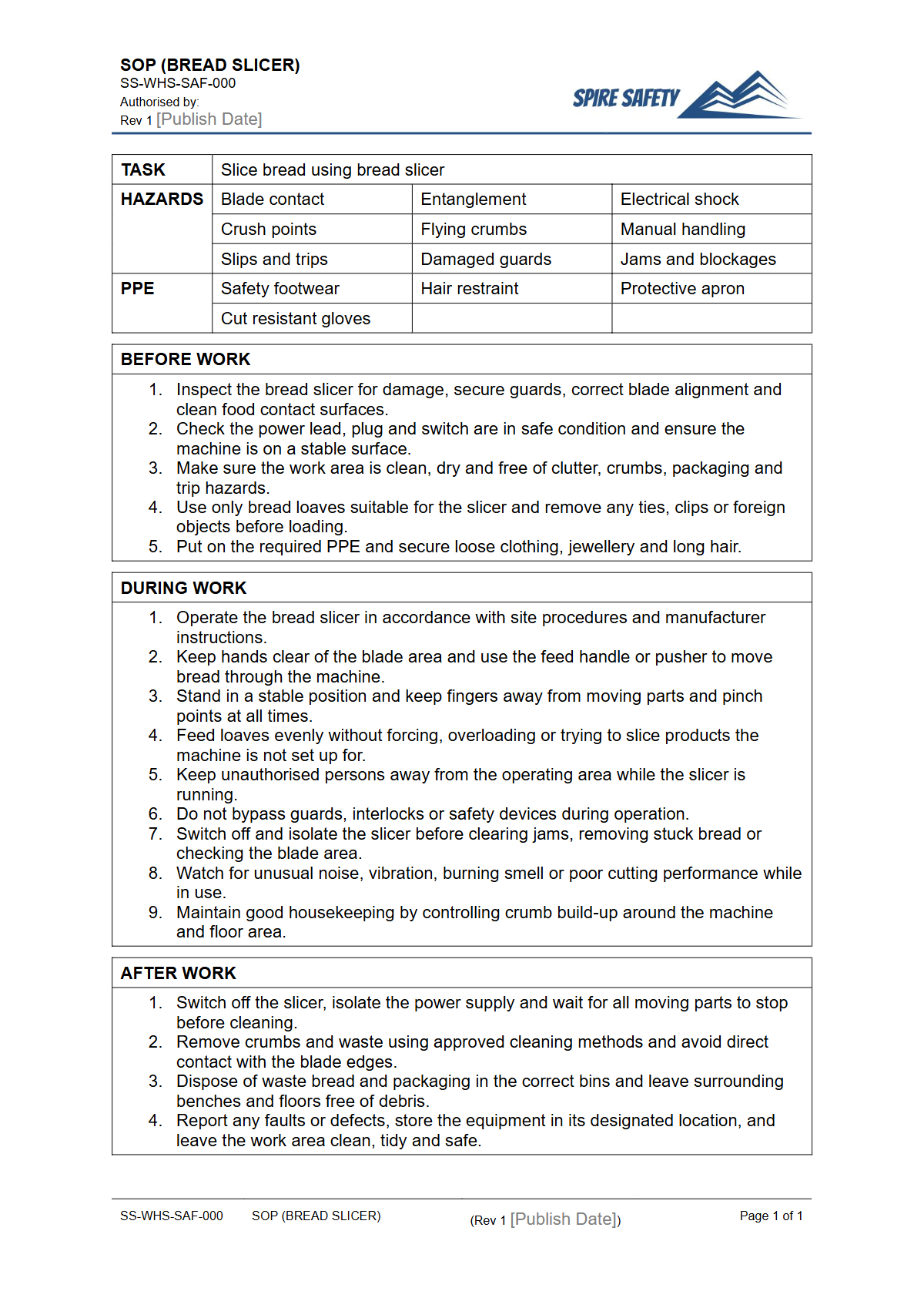 Free Safe Operating Procedure (Bread Slicer) Template — document preview