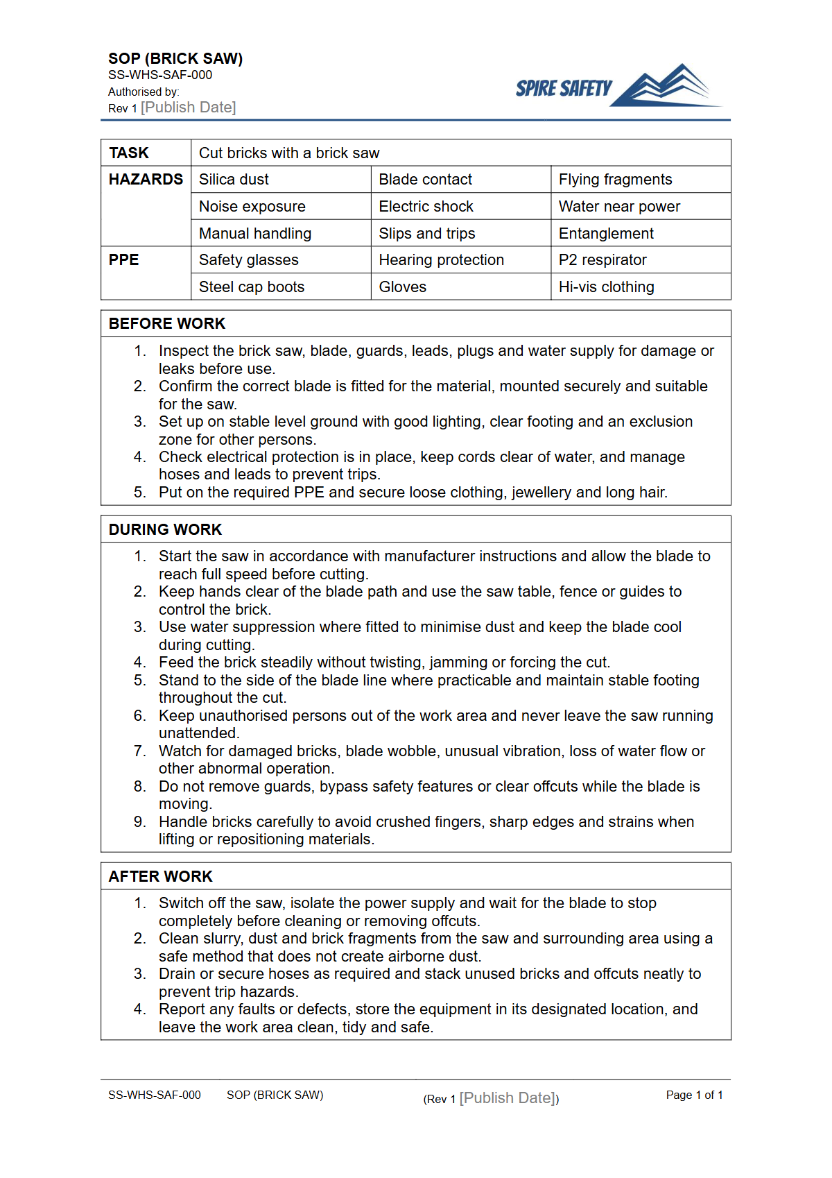 Free Safe Operating Procedure (Brick Saw) Template — document preview