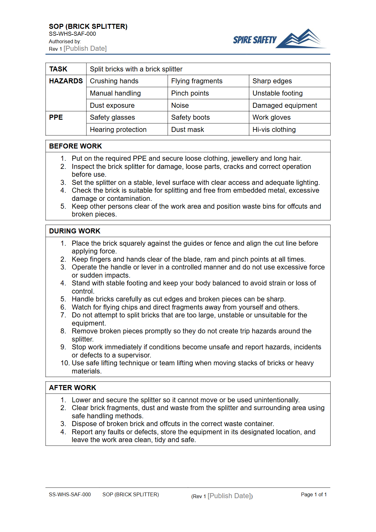 Free Safe Operating Procedure (Brick Splitter) Template — document preview