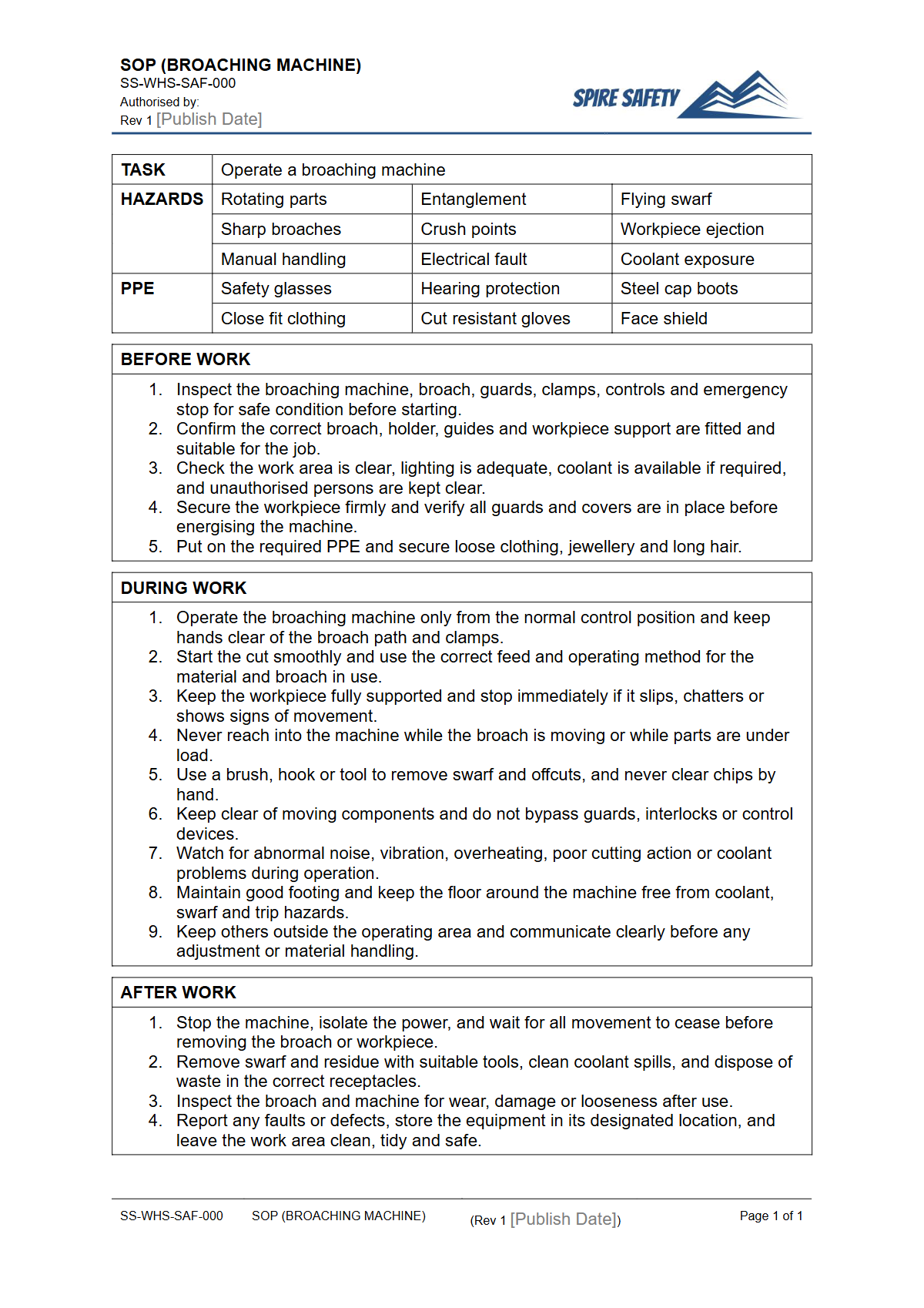 Free Safe Operating Procedure (Broaching Machine) Template — document preview