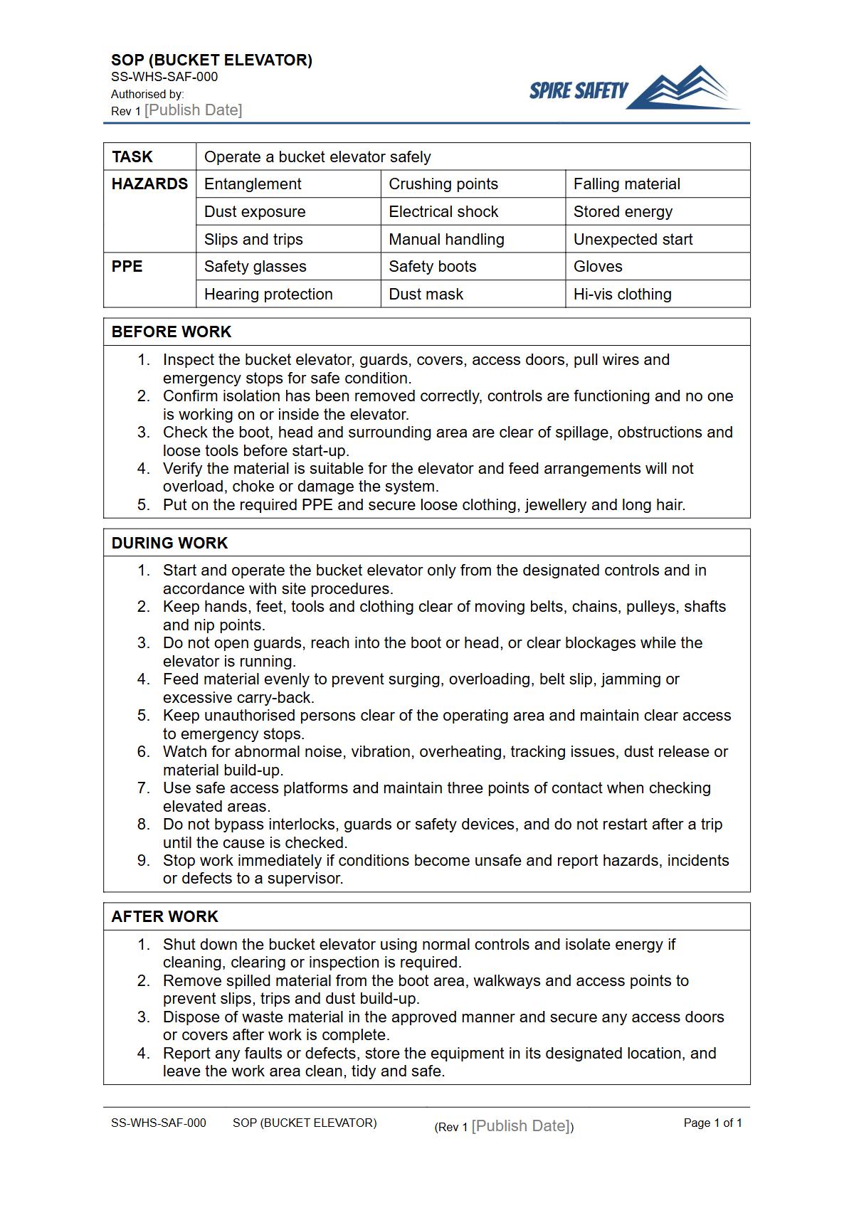 Free Safe Operating Procedure (Bucket Elevator) Template — document preview