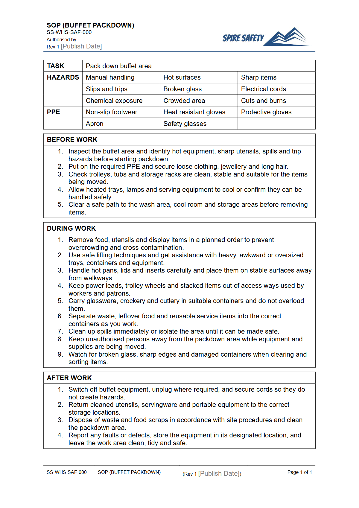 Free Safe Operating Procedure (Buffet Packdown) Template — document preview