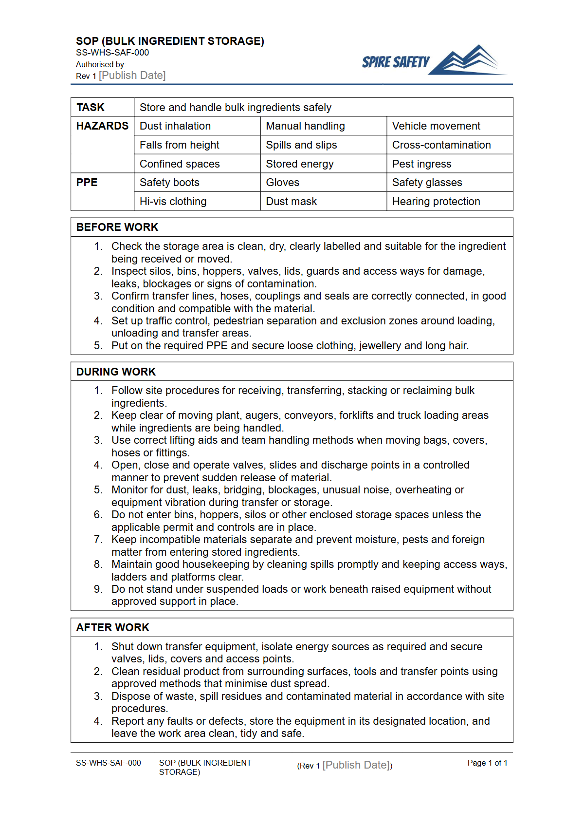 Free Safe Operating Procedure (Bulk Ingredient Storage) Template — document preview