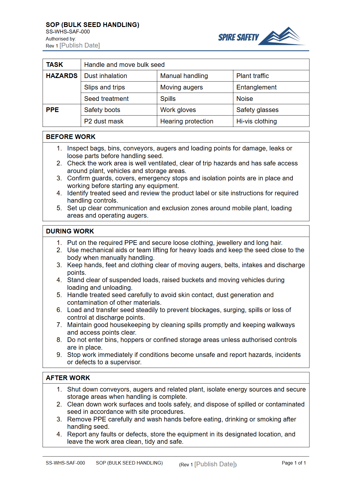 Free Safe Operating Procedure (Bulk Seed Handling) Template — document preview
