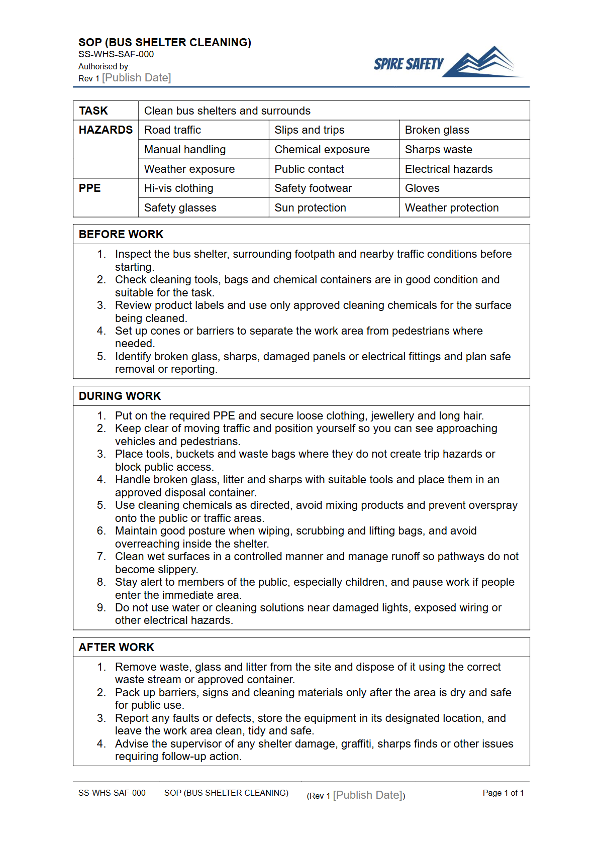 Free Safe Operating Procedure (Bus Shelter Cleaning) Template — document preview