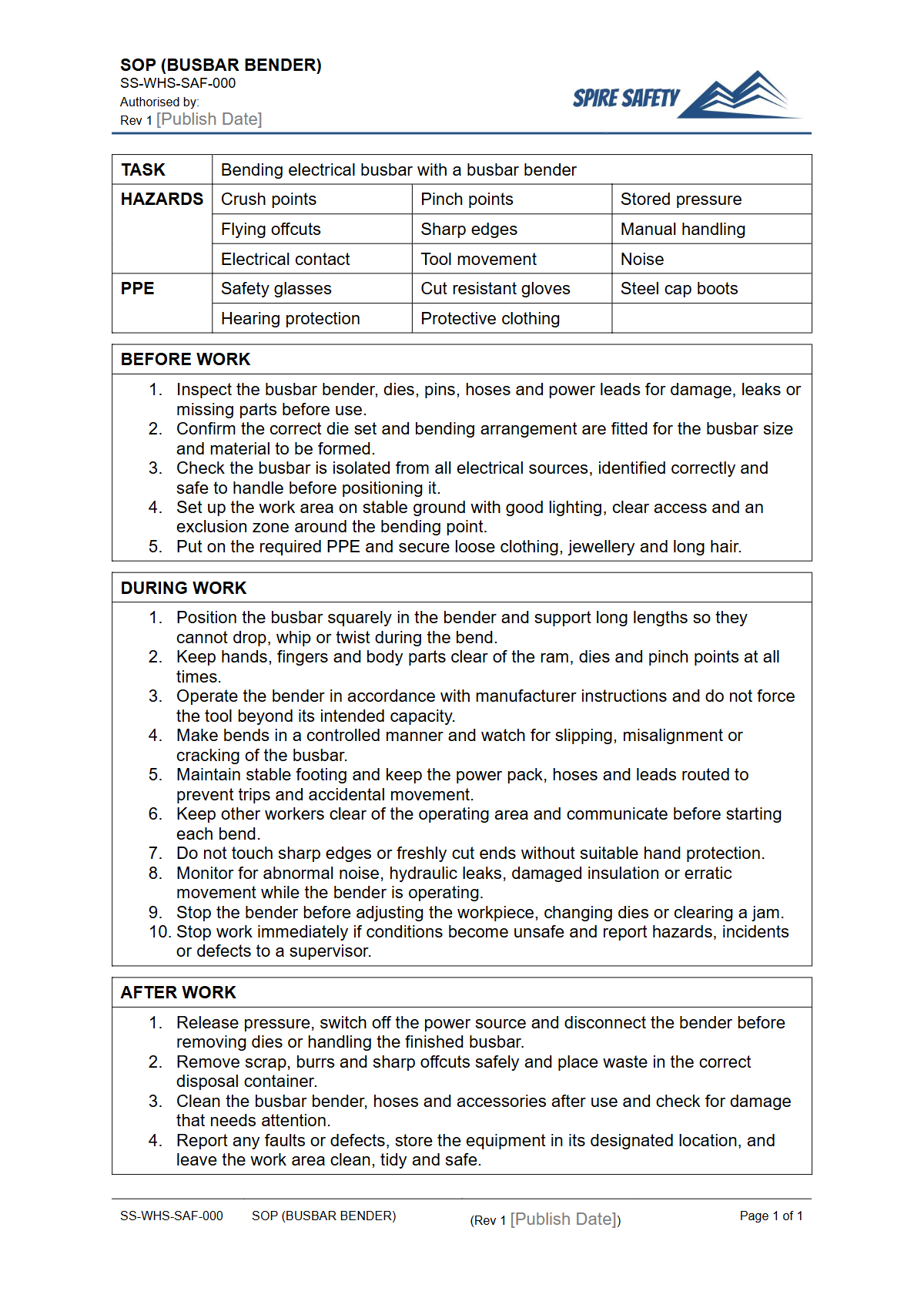 Free Safe Operating Procedure (Busbar Bender) Template — document preview