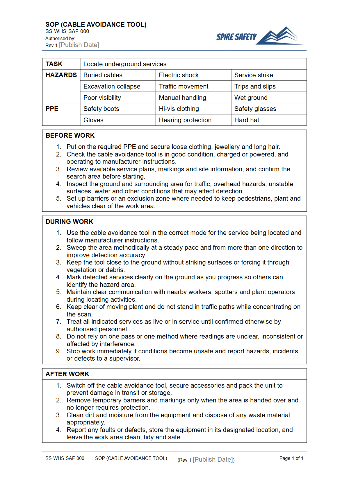 Free Safe Operating Procedure (Cable Avoidance Tool) Template — document preview