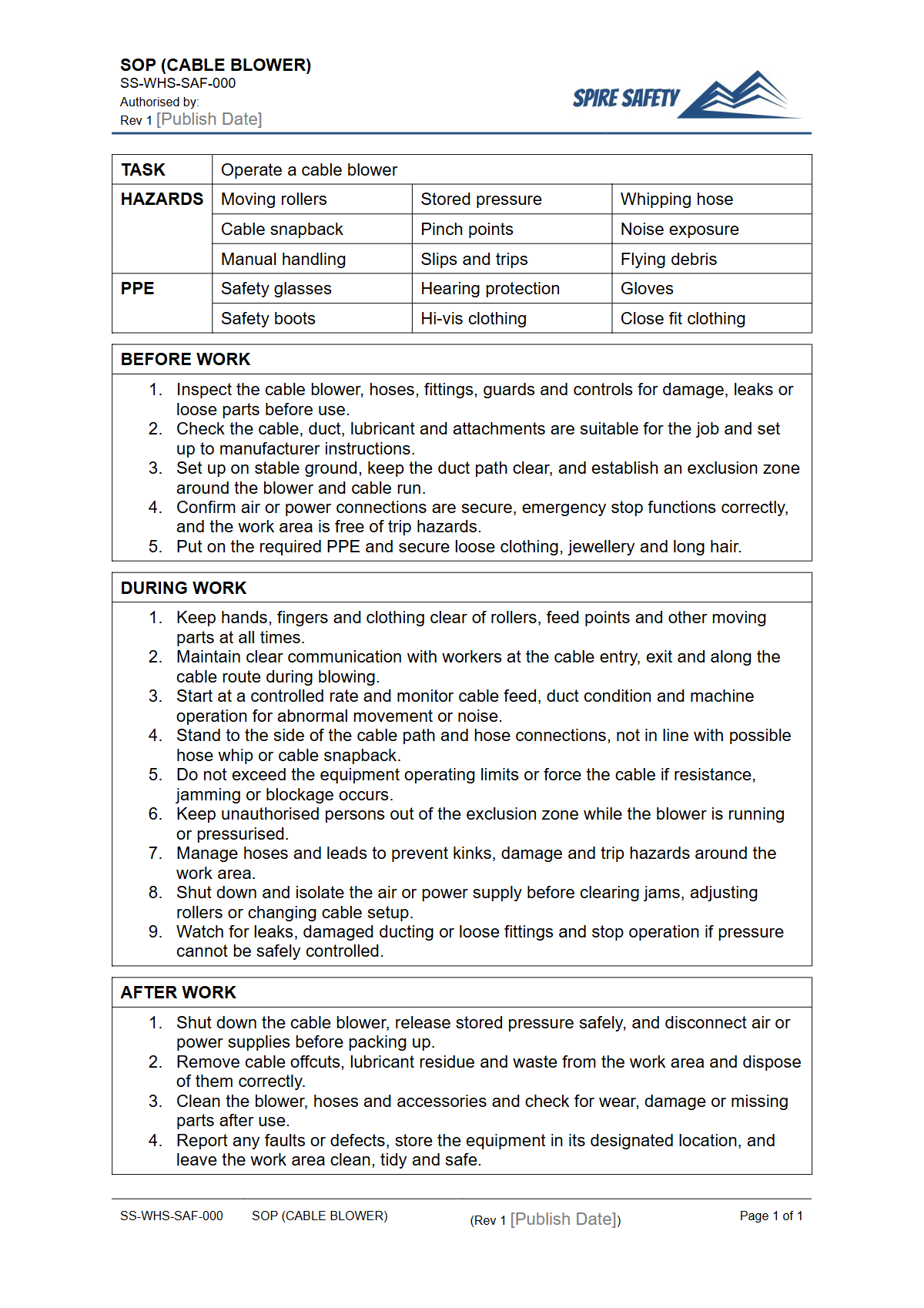 Free Safe Operating Procedure (Cable Blower) Template — document preview