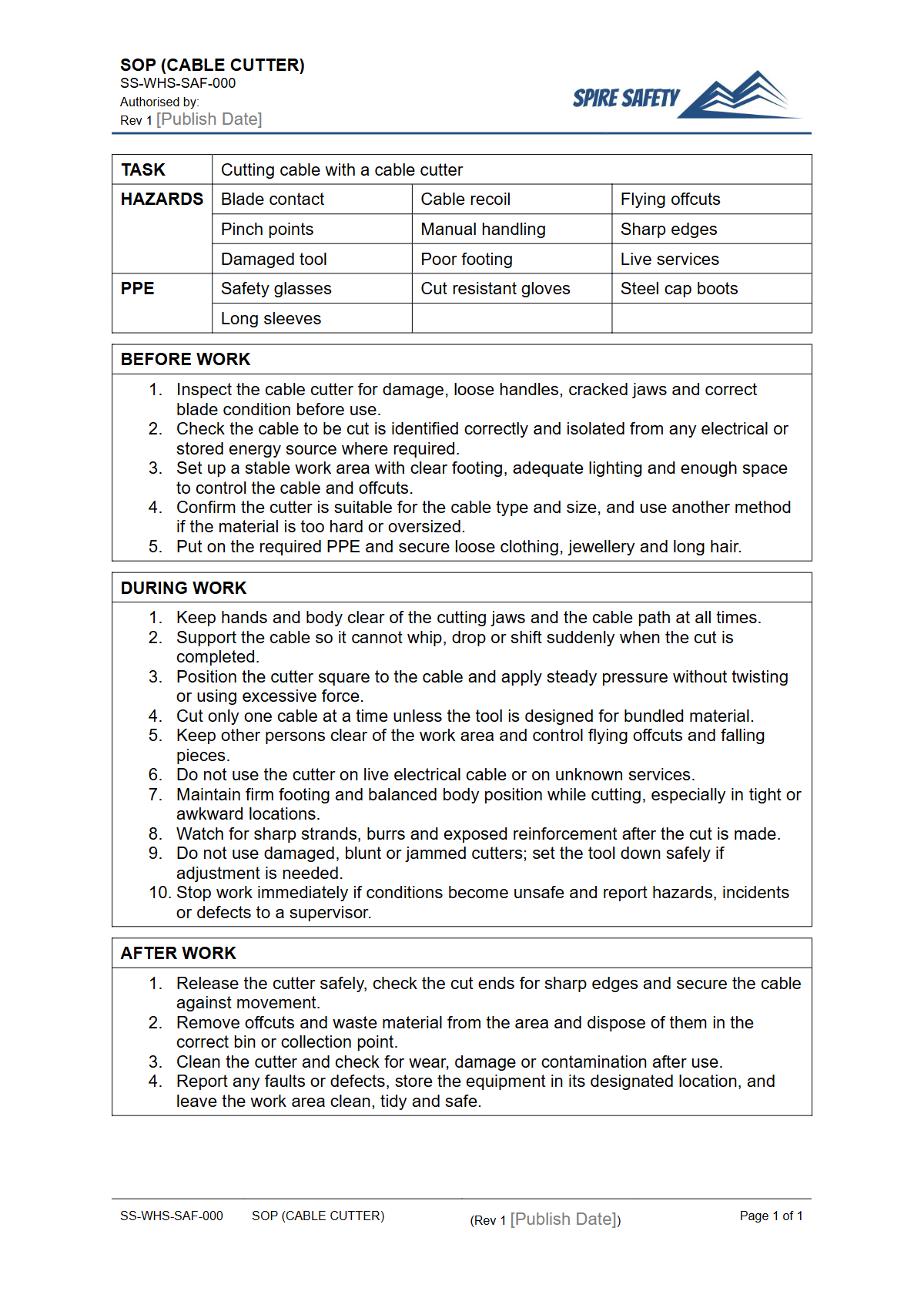 Free Safe Operating Procedure (Cable Cutter) Template — document preview