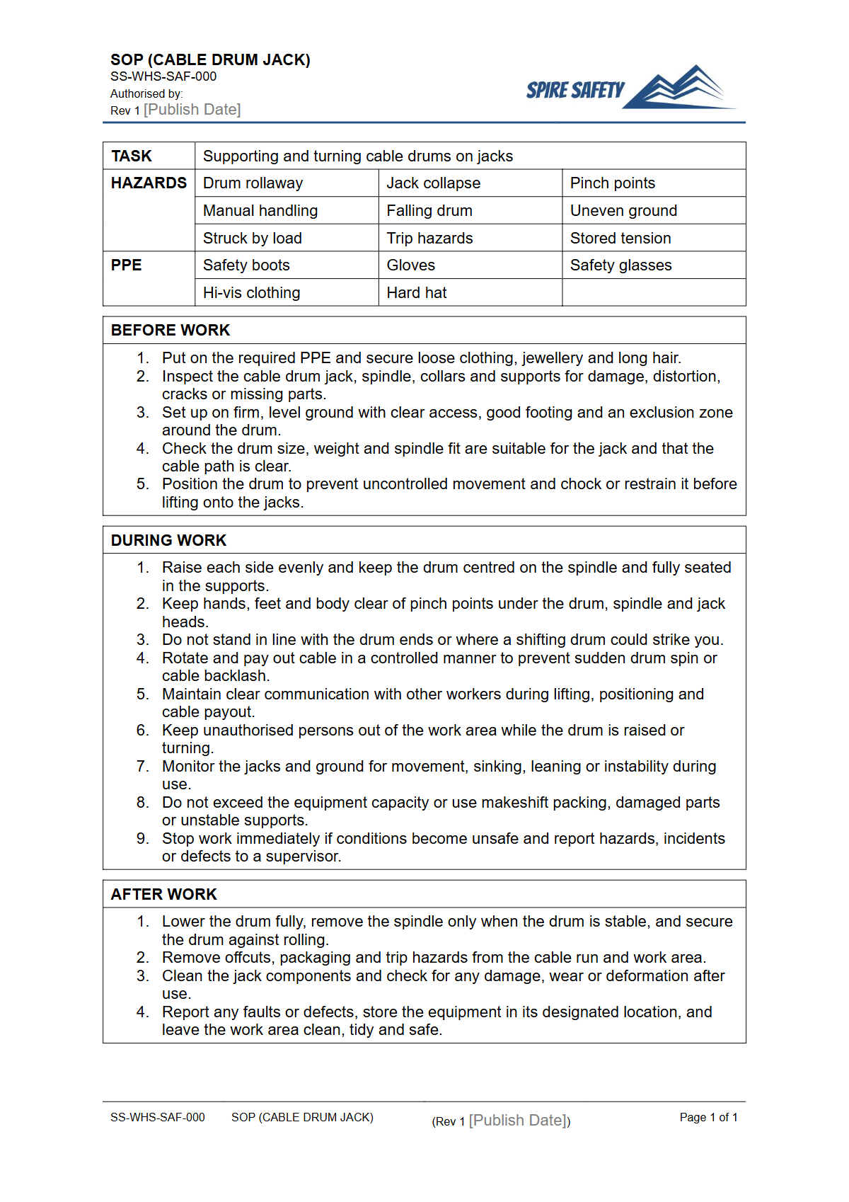Free Safe Operating Procedure (Cable Drum Jack) Template — document preview