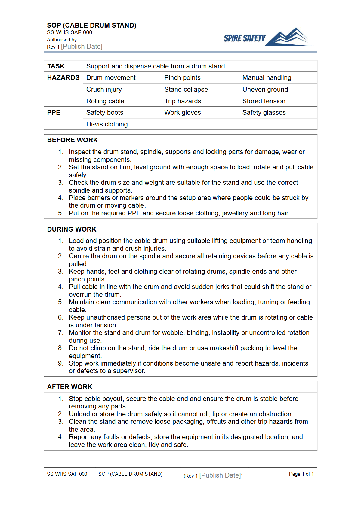 Free Safe Operating Procedure (Cable Drum Stand) Template — document preview