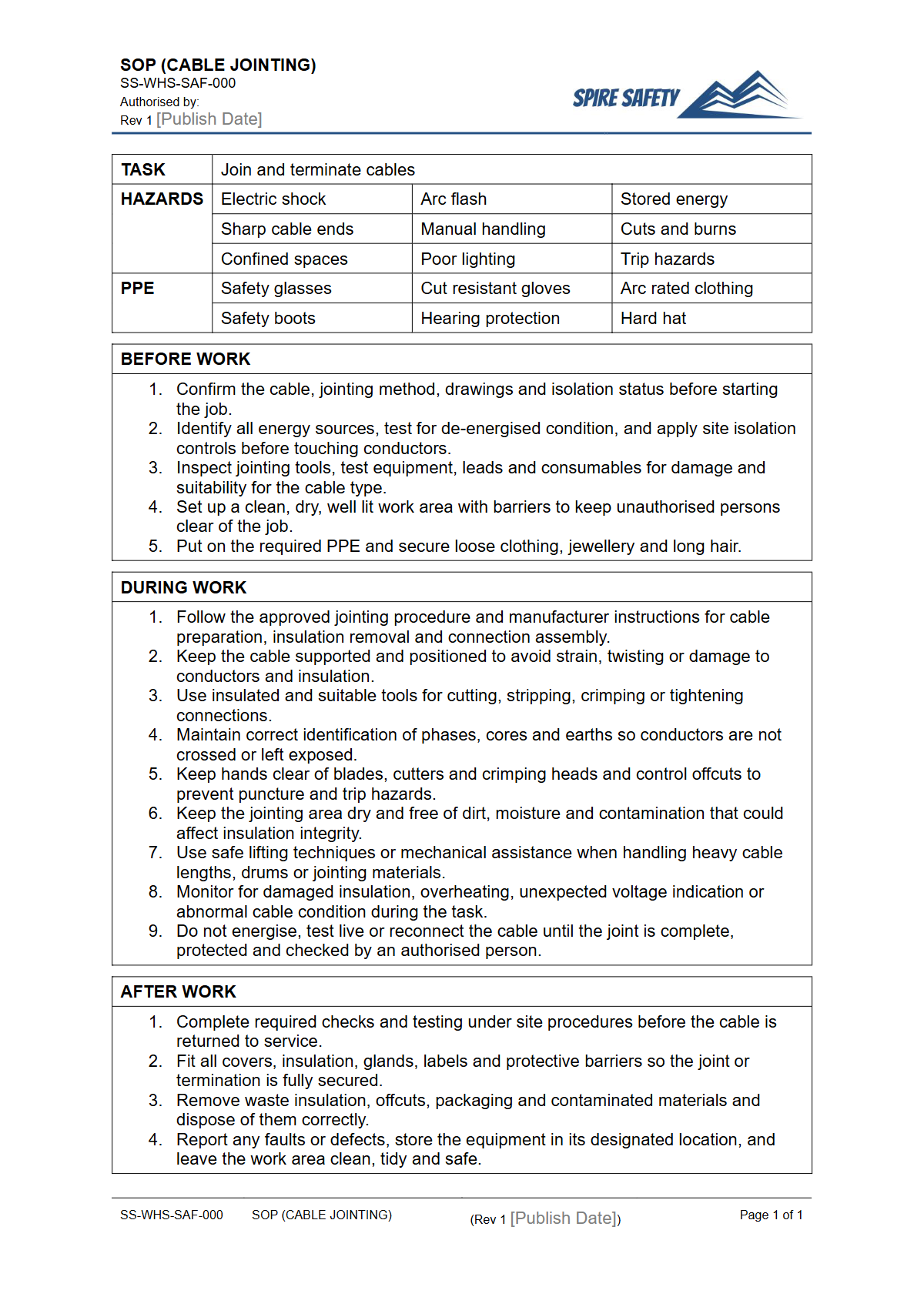 Free Safe Operating Procedure (Cable Jointing) Template — document preview