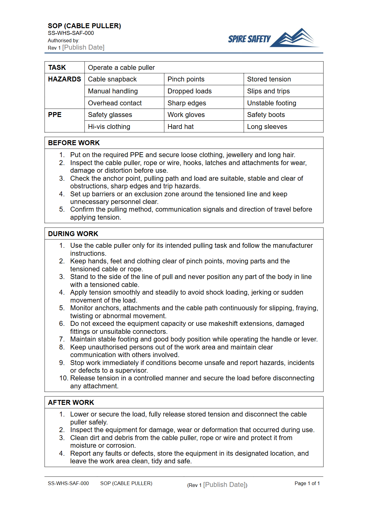 Free Safe Operating Procedure (Cable Puller) Template — document preview