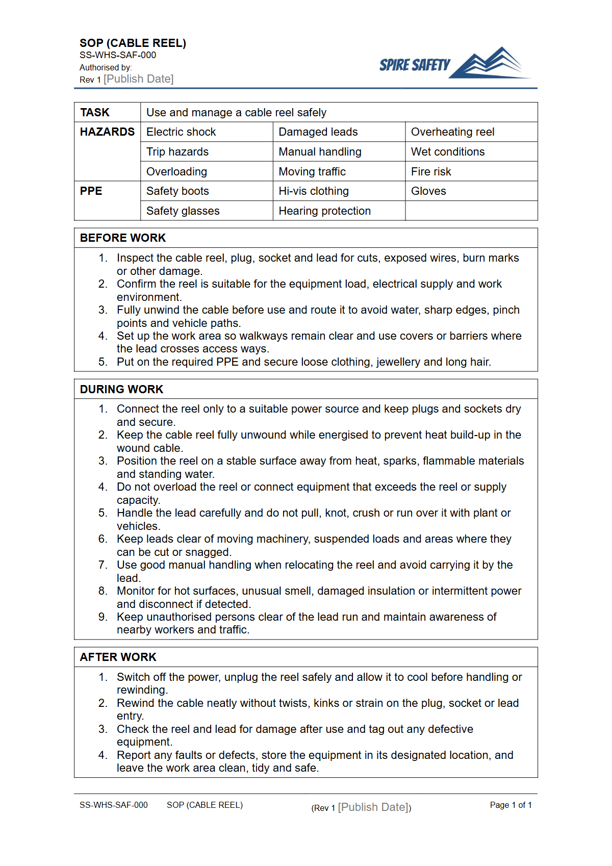 Free Safe Operating Procedure (Cable Reel) Template — document preview
