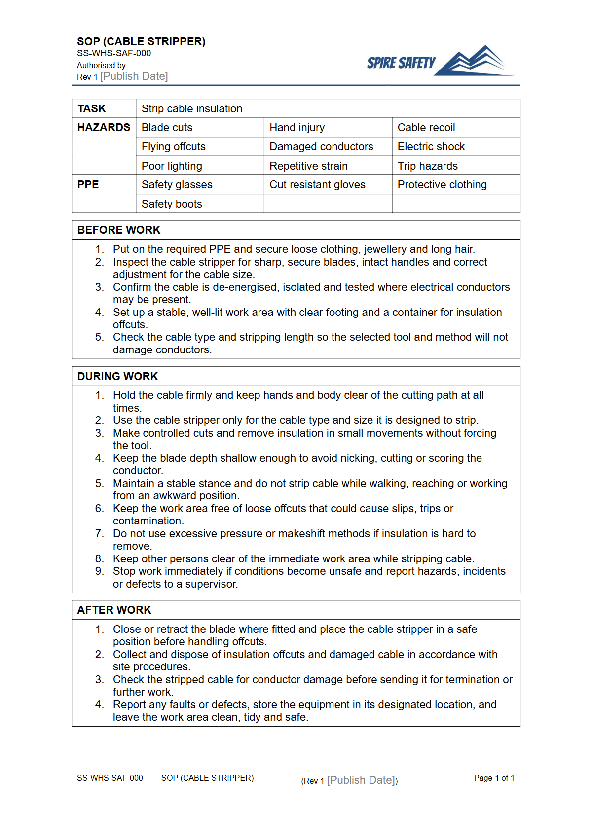 Free Safe Operating Procedure (Cable Stripper) Template — document preview