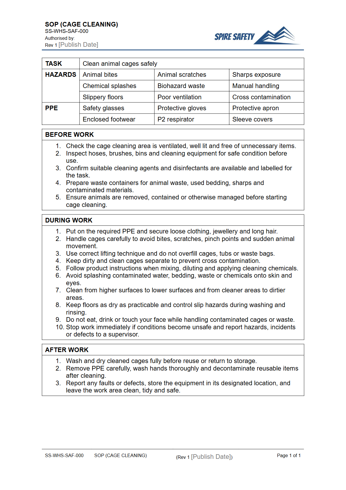 Free Safe Operating Procedure (Cage Cleaning) Template — document preview