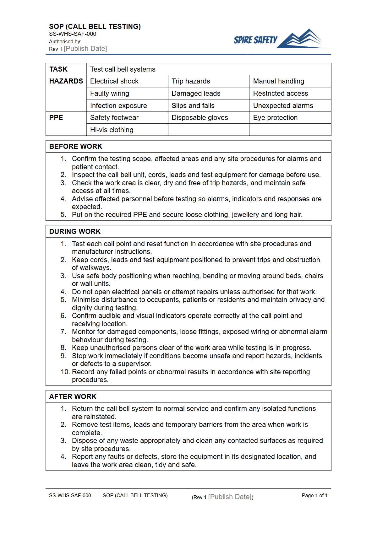 Free Safe Operating Procedure (Call Bell Testing) Template — document preview