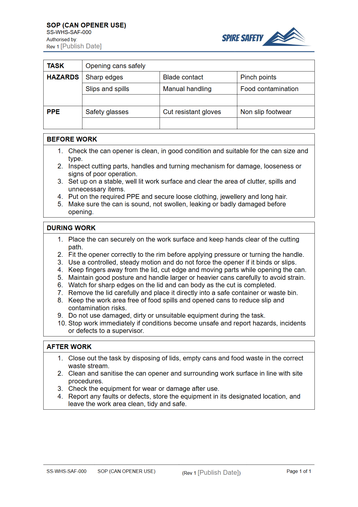 Free Safe Operating Procedure (Can Opener Use) Template — document preview