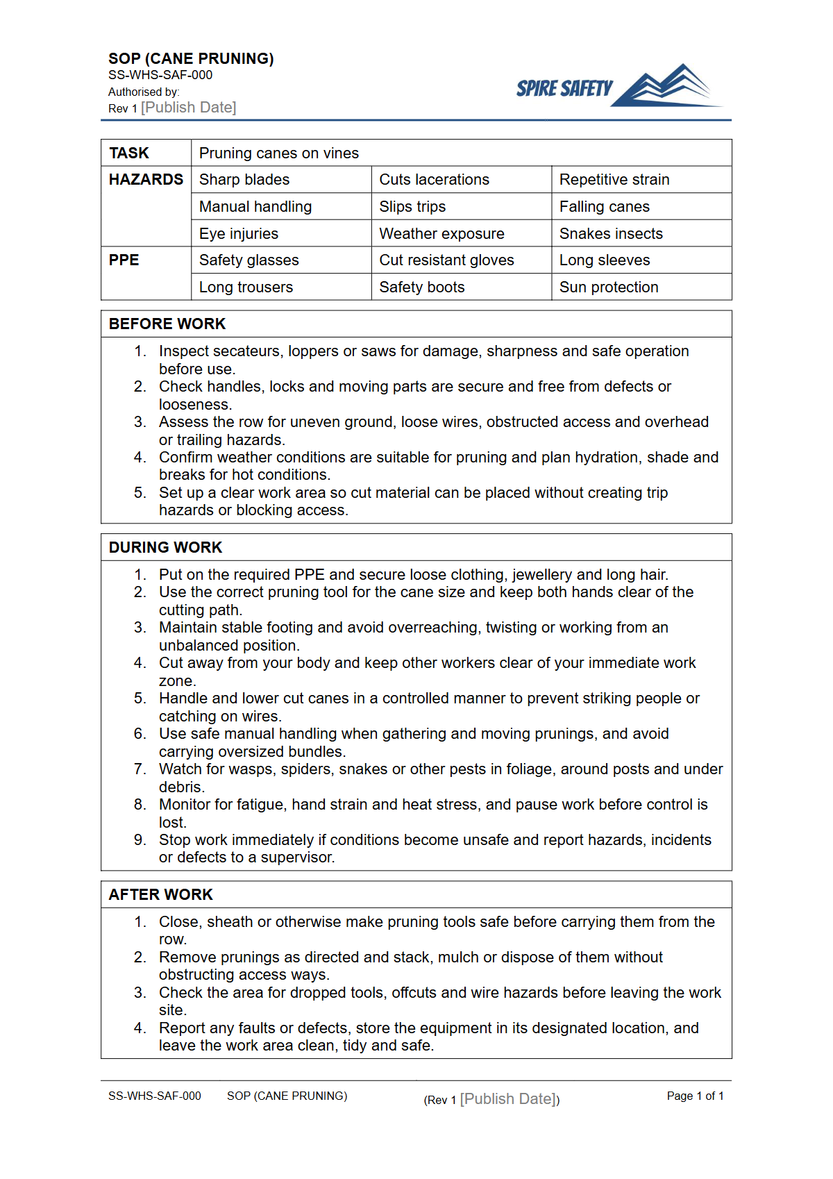 Free Safe Operating Procedure (Cane Pruning) Template — document preview