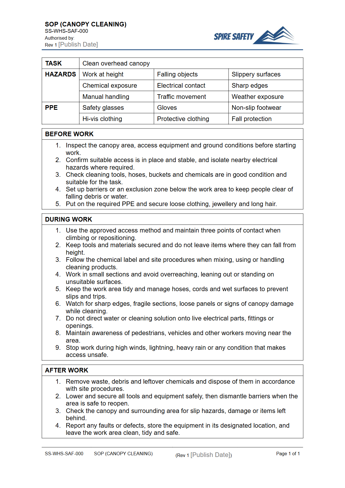 Free Safe Operating Procedure (Canopy Cleaning) Template — document preview