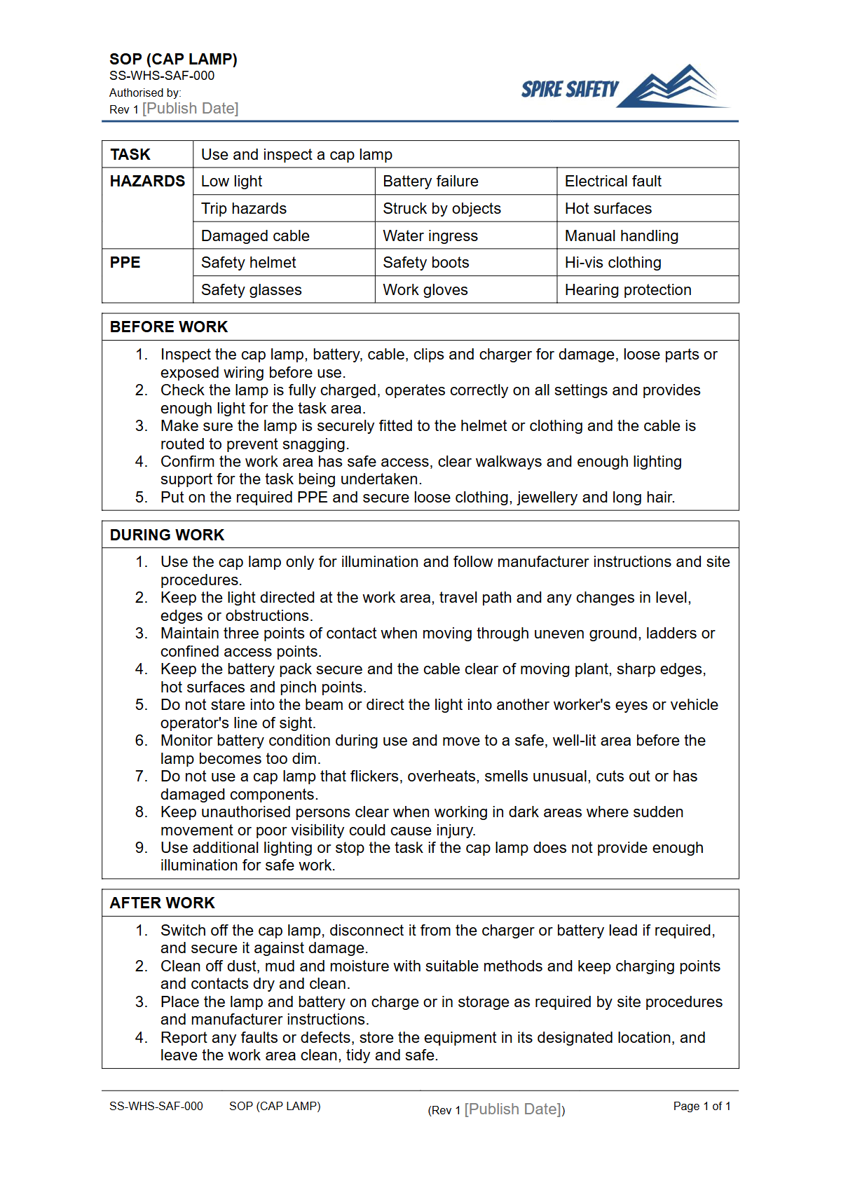 Free Safe Operating Procedure (Cap Lamp) Template — document preview
