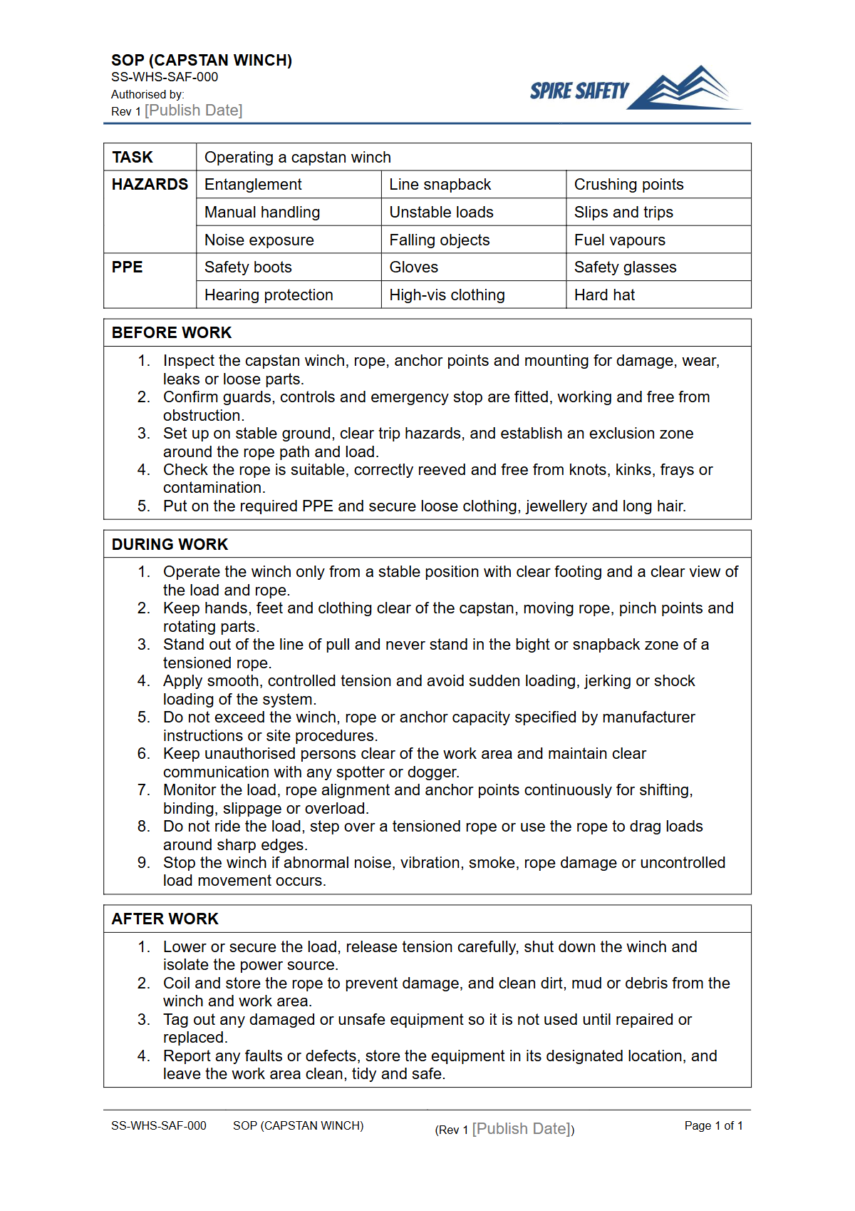 Free Safe Operating Procedure (Capstan Winch) Template — document preview