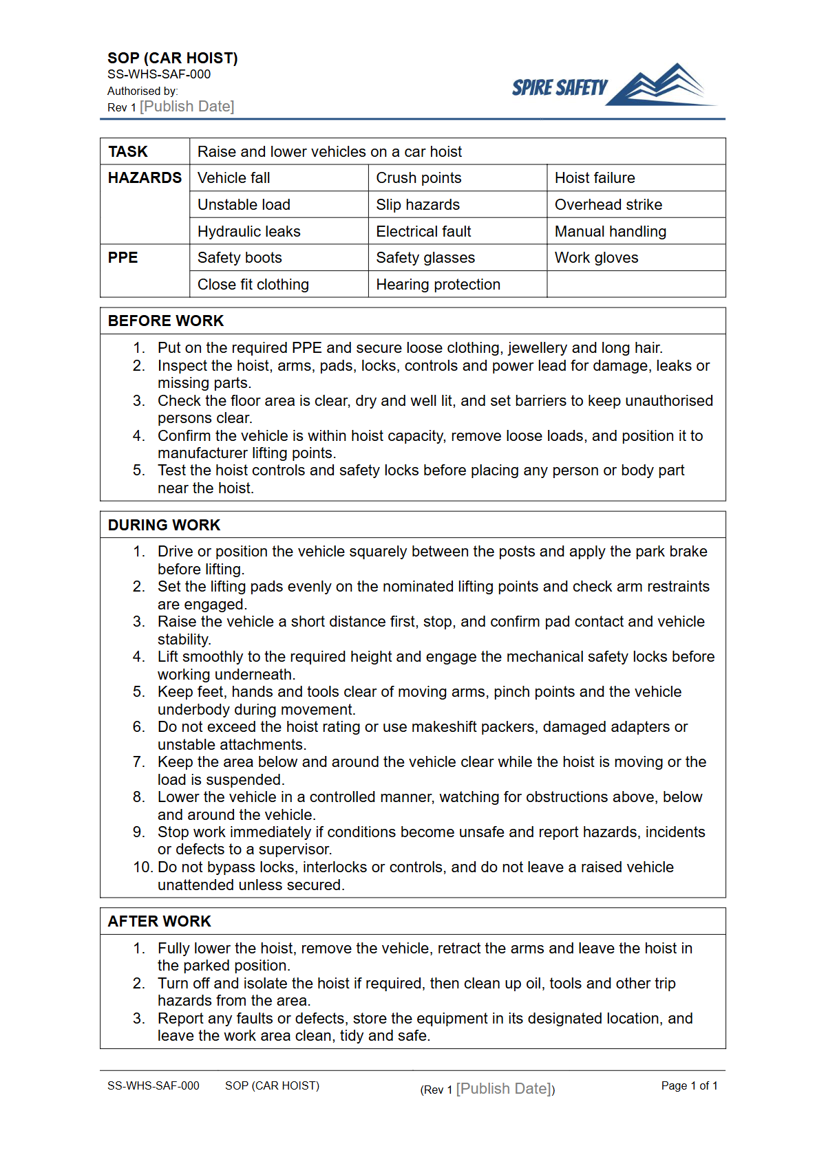 Free Safe Operating Procedure (Car Hoist) Template — document preview