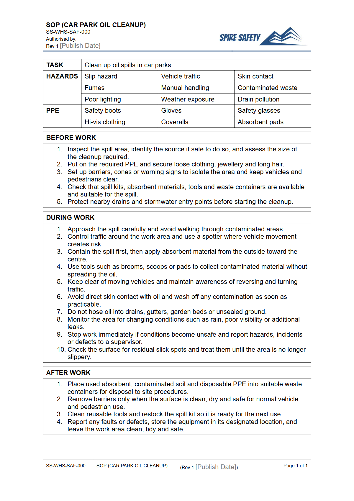 Free Safe Operating Procedure (Car Park Oil Cleanup) Template — document preview