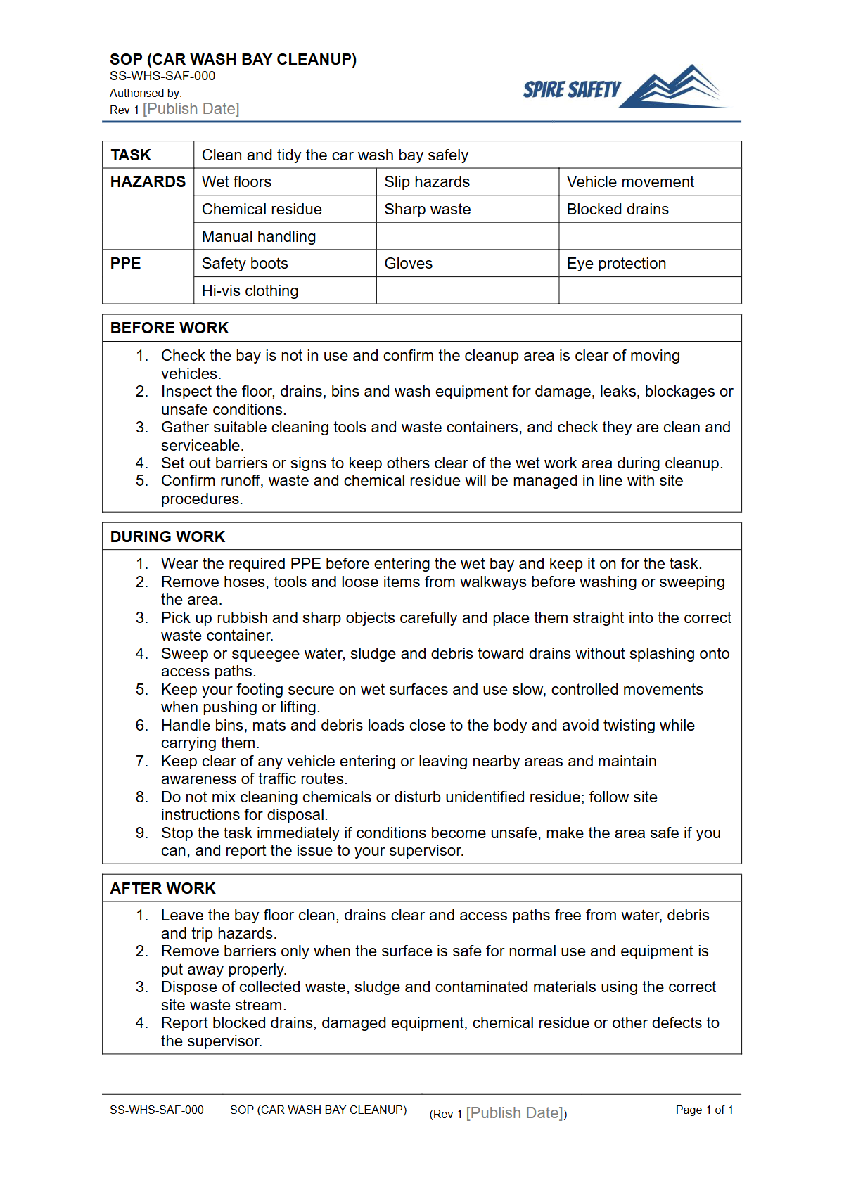 Free Safe Operating Procedure (Car Wash Bay Cleanup) Template — document preview