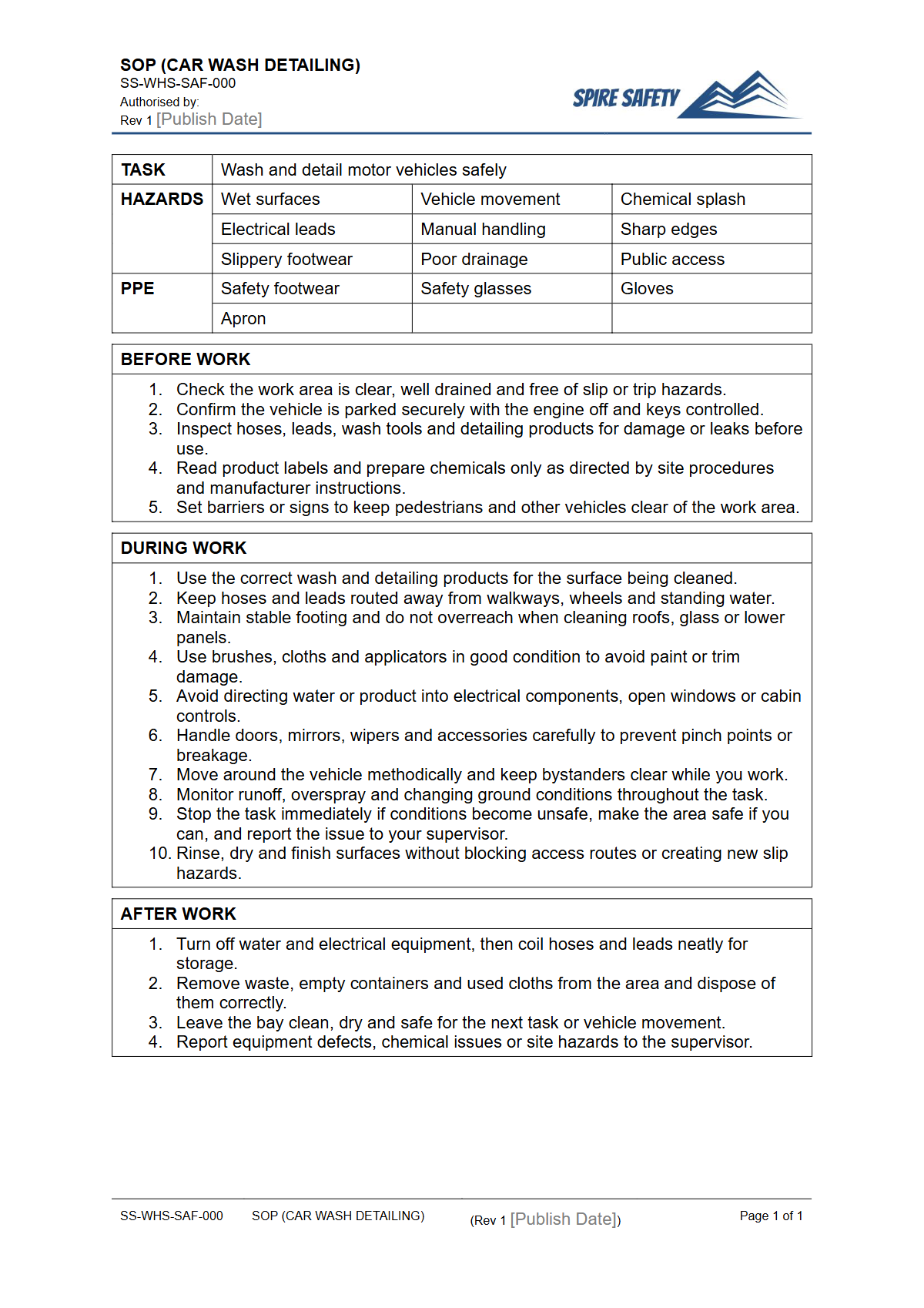 Free Safe Operating Procedure (Car Wash Detailing) Template — document preview
