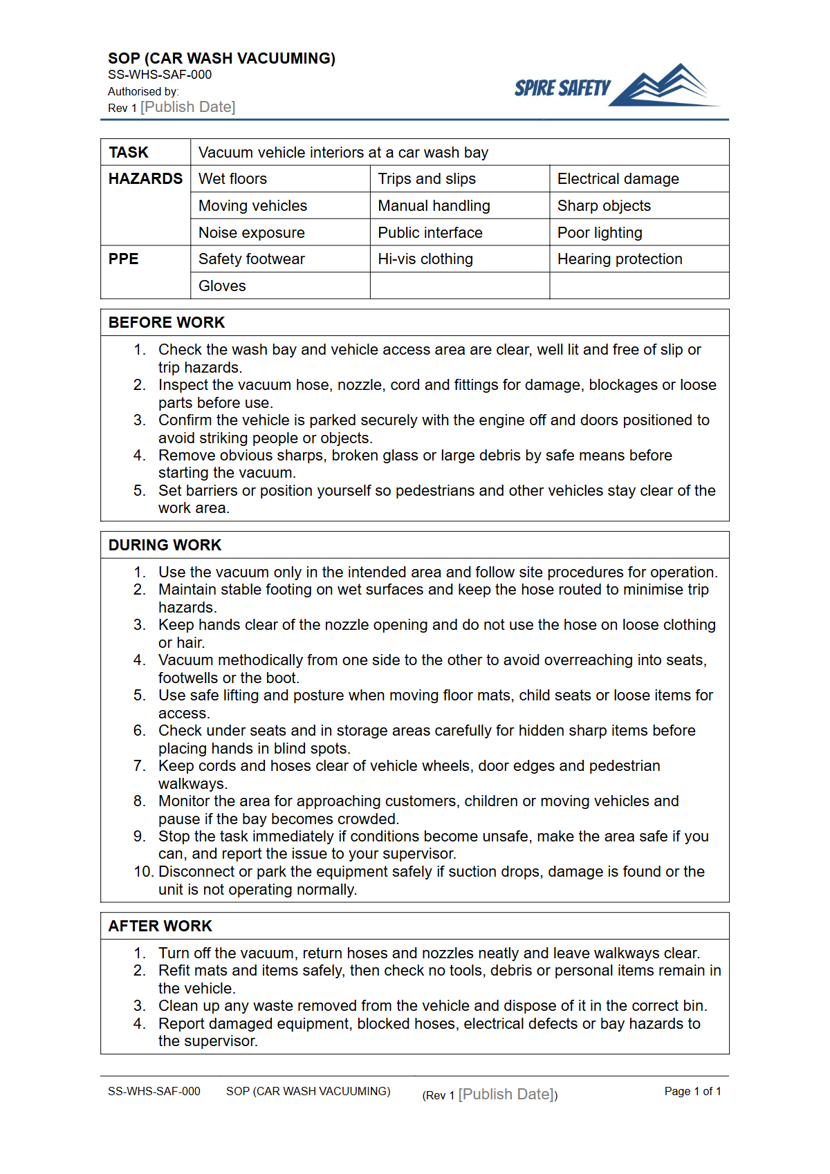 Free Safe Operating Procedure (Car Wash Vacuuming) Template — document preview