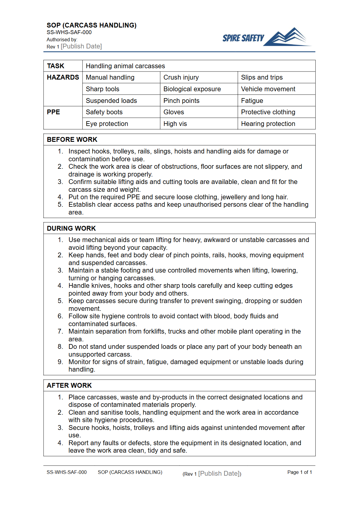 Free Safe Operating Procedure (Carcass Handling) Template — document preview