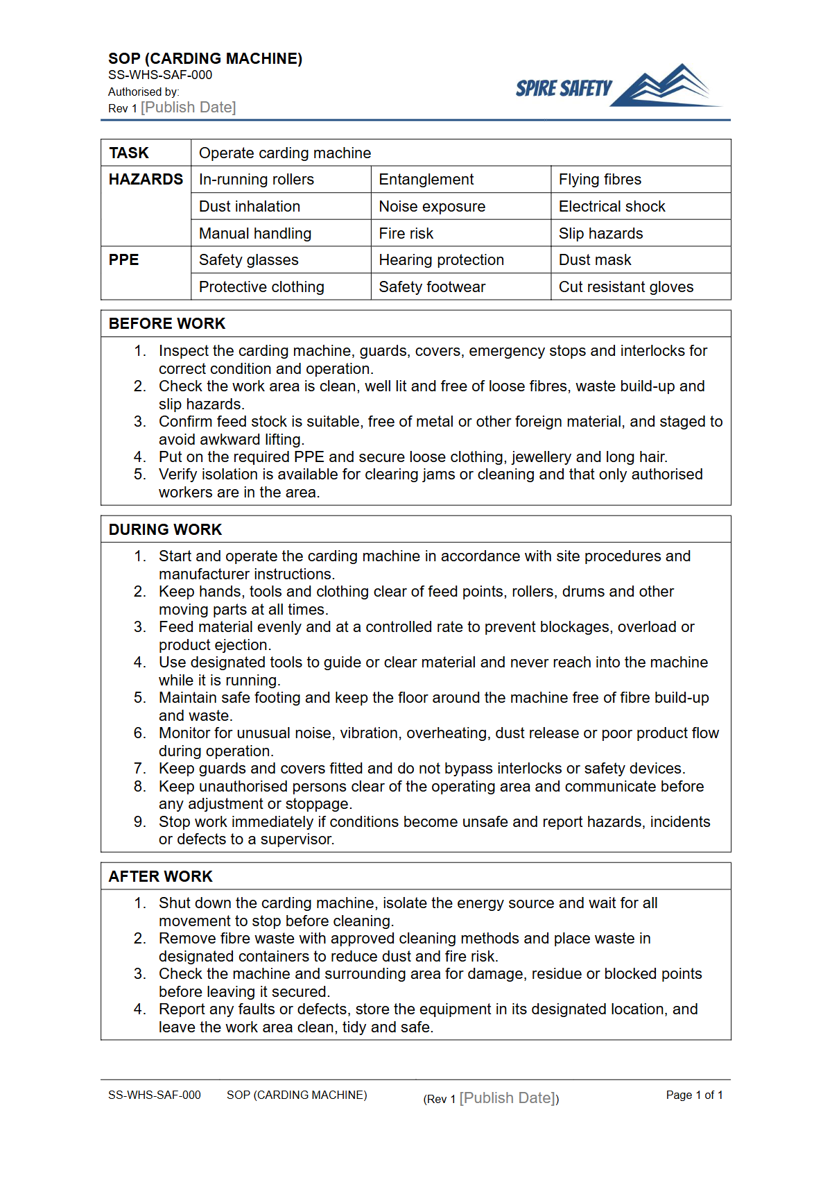 Free Safe Operating Procedure (Carding Machine) Template — document preview