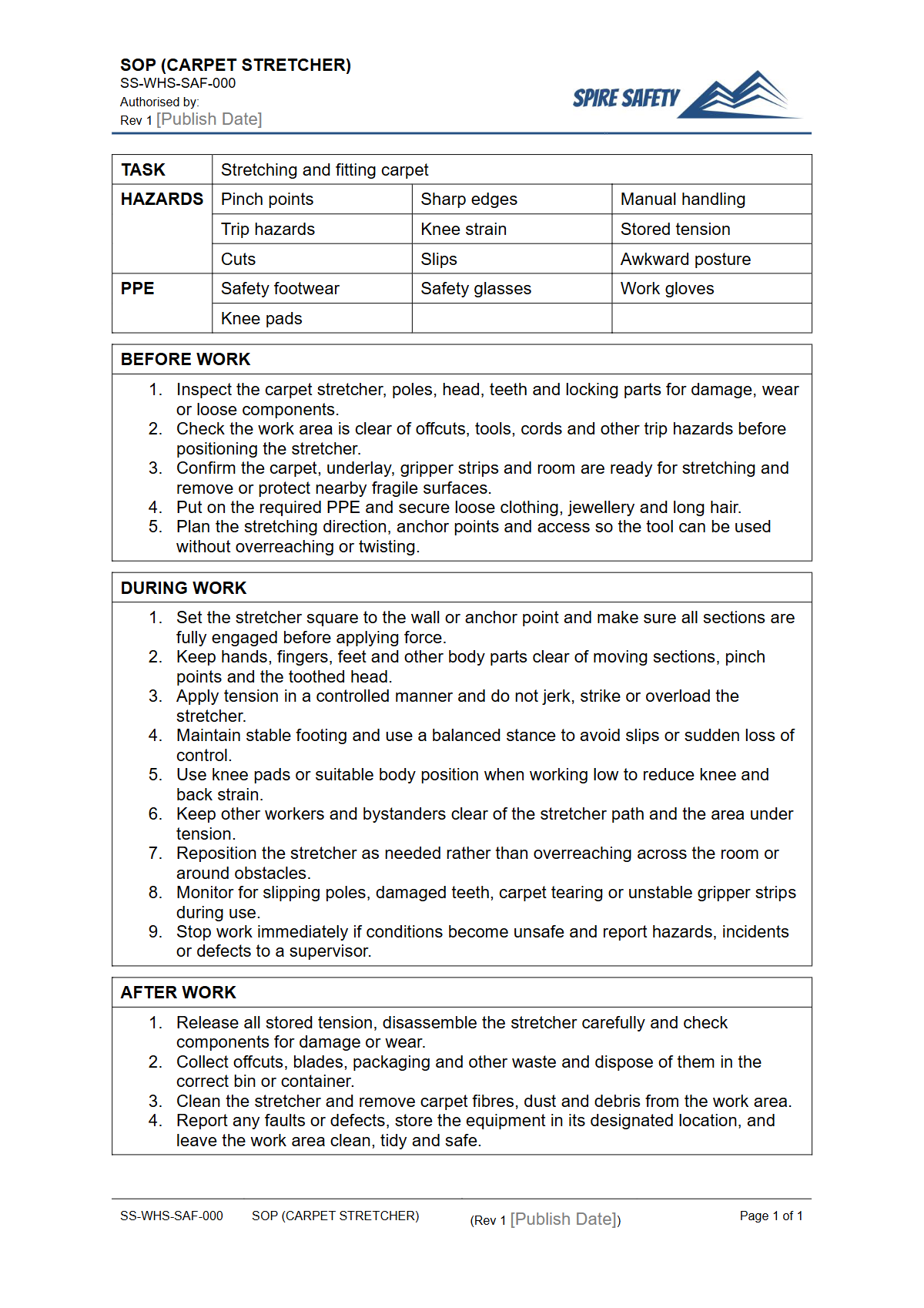 Free Safe Operating Procedure (Carpet Stretcher) Template — document preview