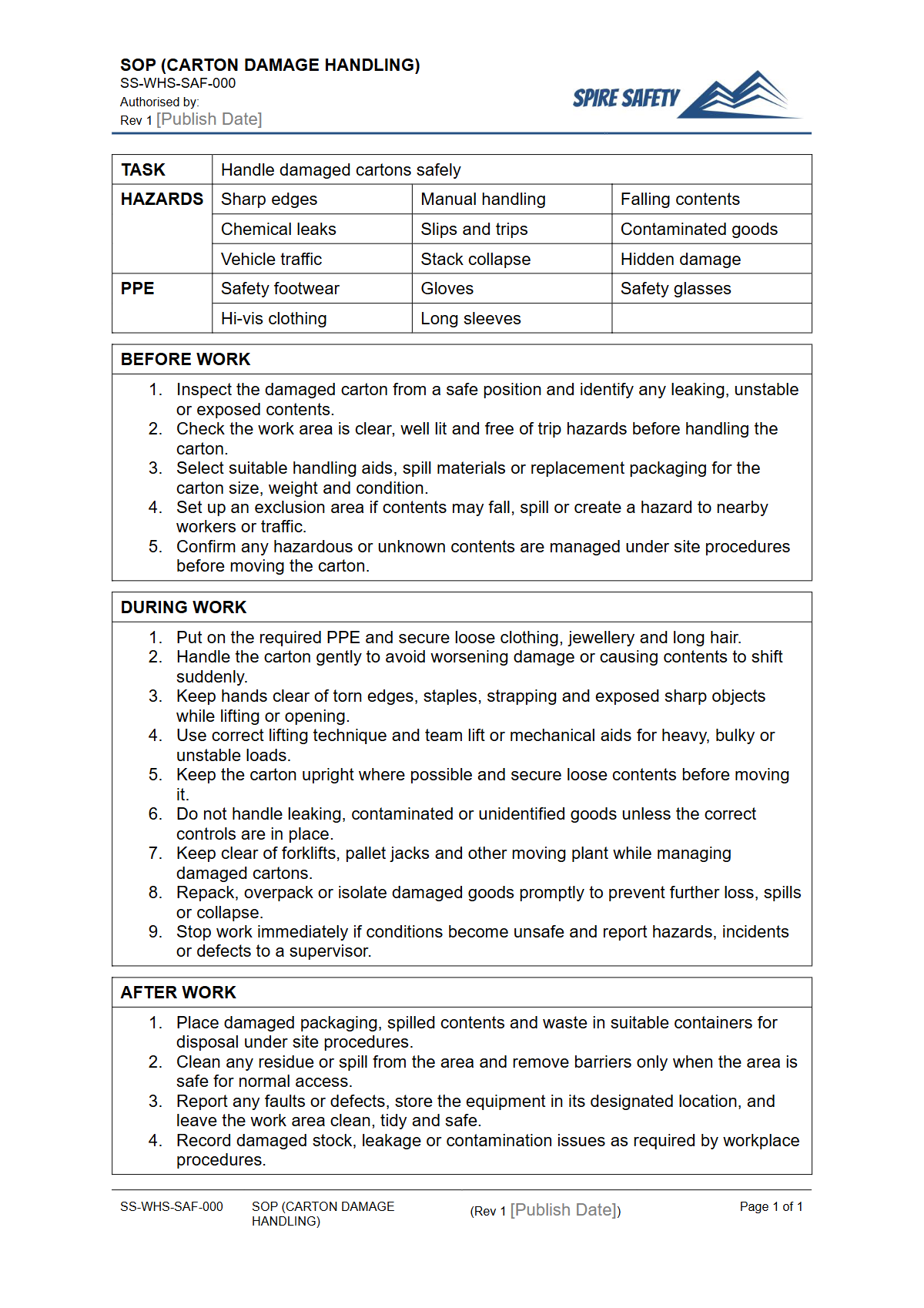 Free Safe Operating Procedure (Carton Damage Handling) Template — document preview