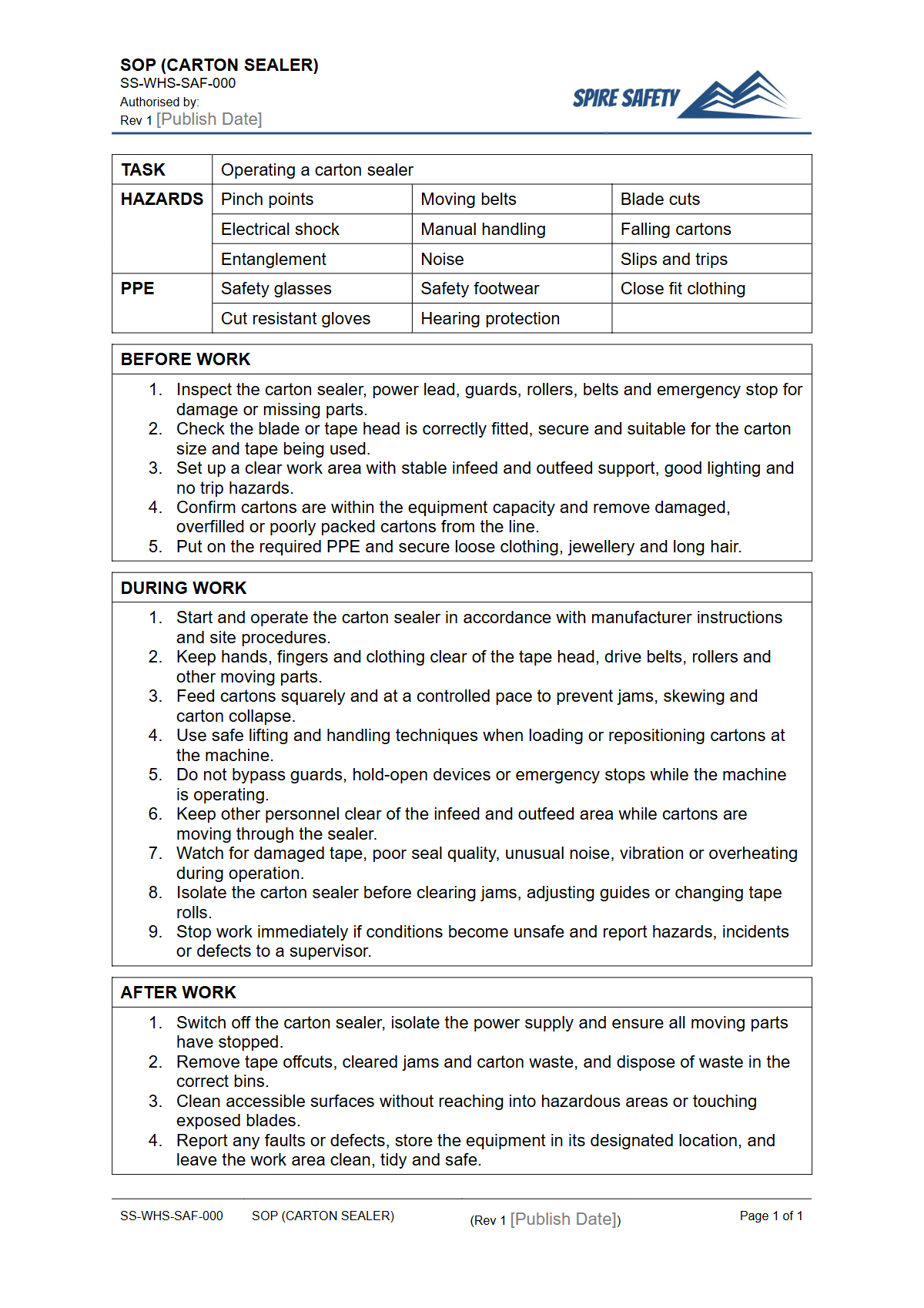 Free Safe Operating Procedure (Carton Sealer) Template — document preview