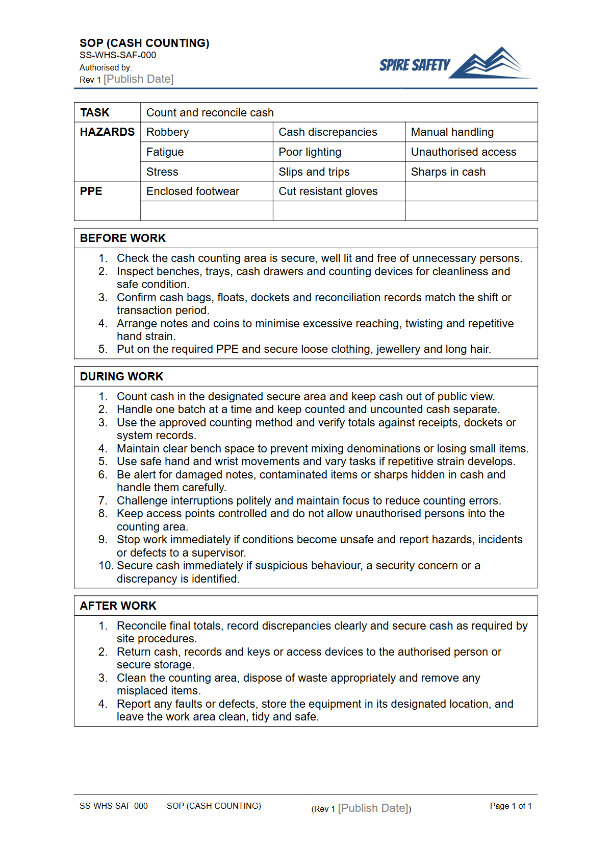 Free Safe Operating Procedure (Cash Counting) Template — document preview