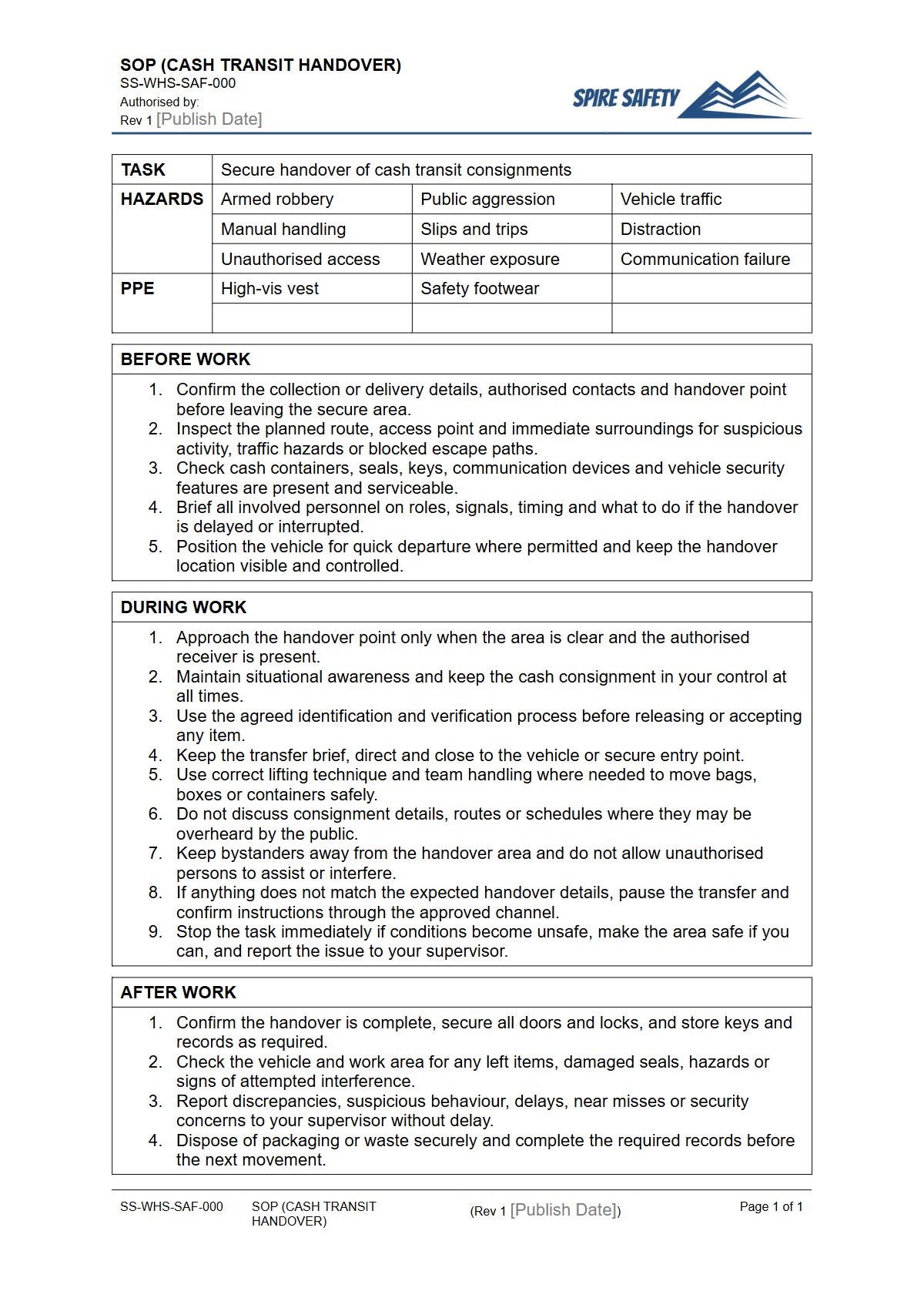 Free Safe Operating Procedure (Cash Transit Handover) Template — document preview