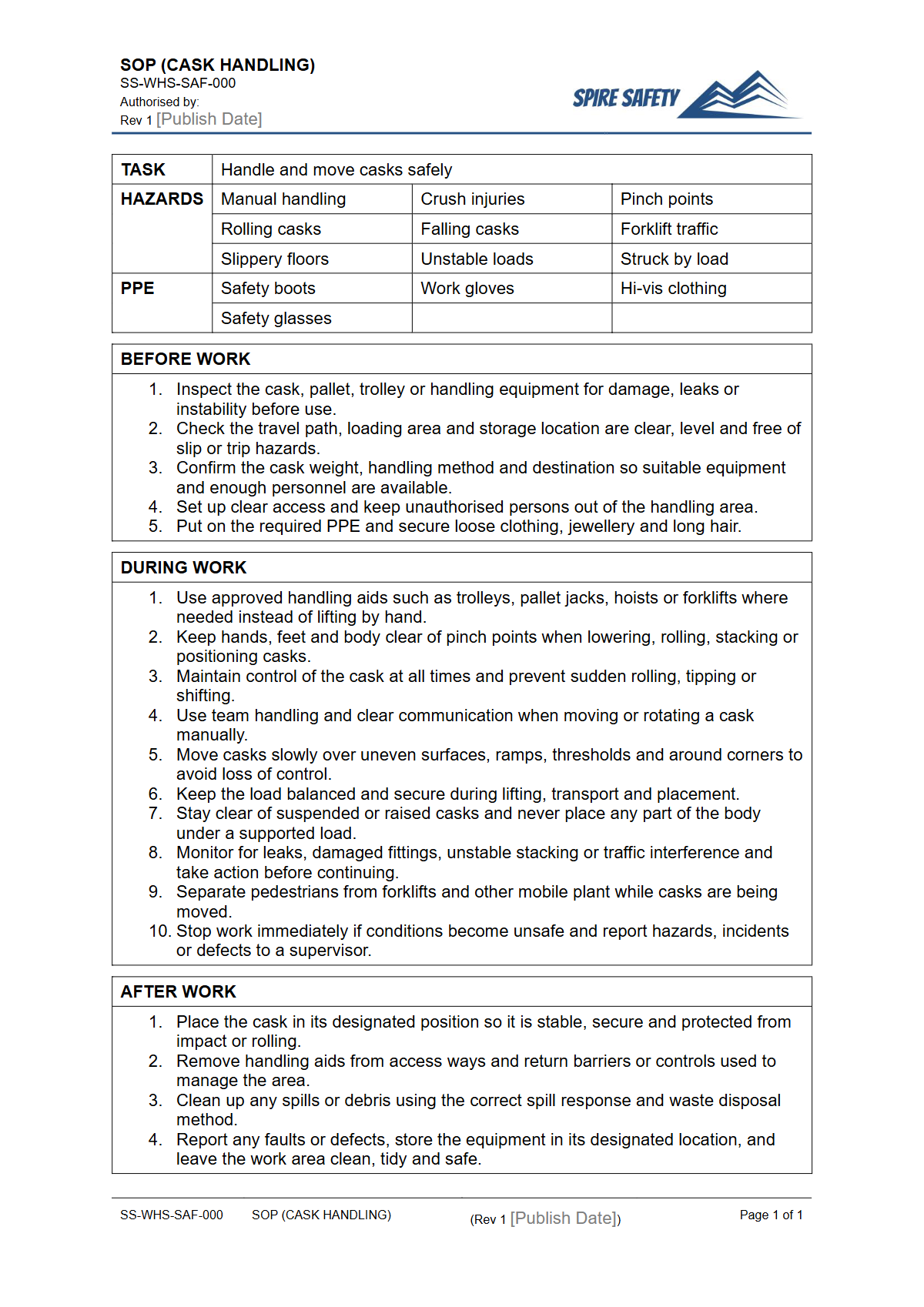 Free Safe Operating Procedure (Cask Handling) Template — document preview