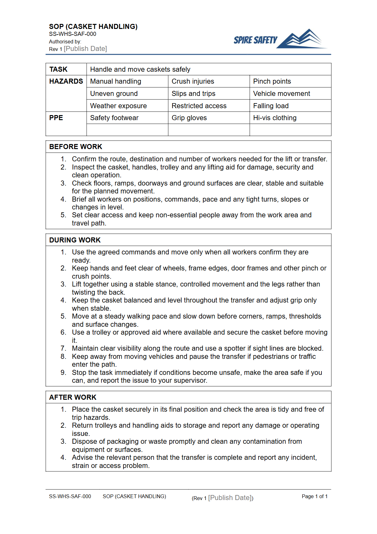 Free Safe Operating Procedure (Casket Handling) Template — document preview