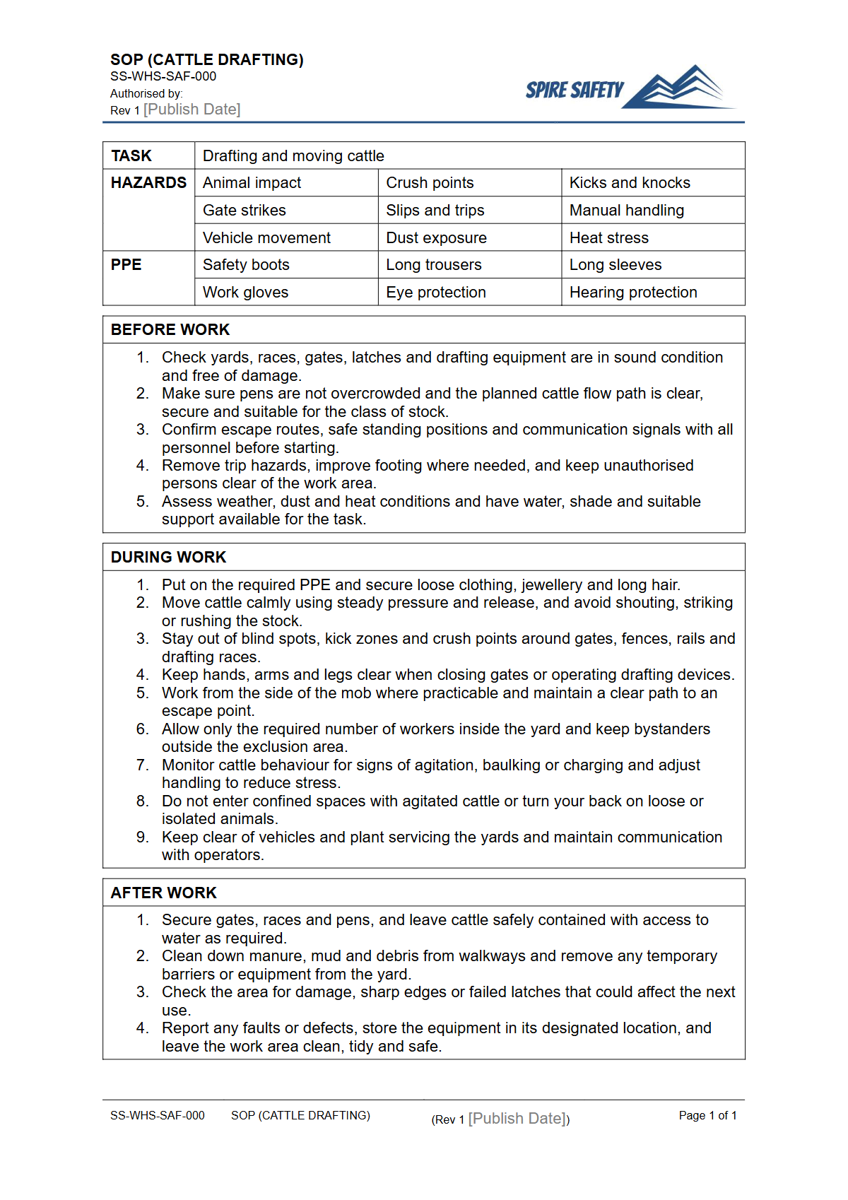 Free Safe Operating Procedure (Cattle Drafting) Template — document preview