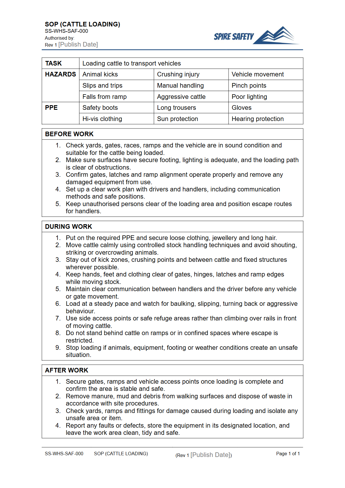 Free Safe Operating Procedure (Cattle Loading) Template — document preview