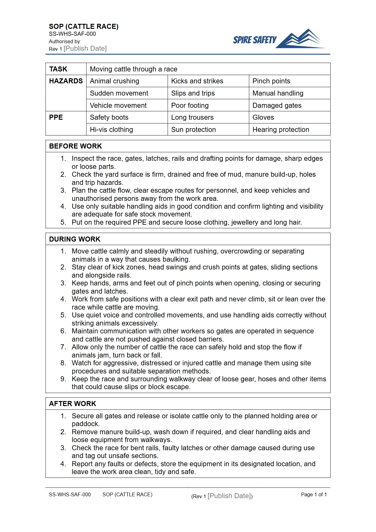 Free Safe Operating Procedure (Cattle Race) Template — document preview